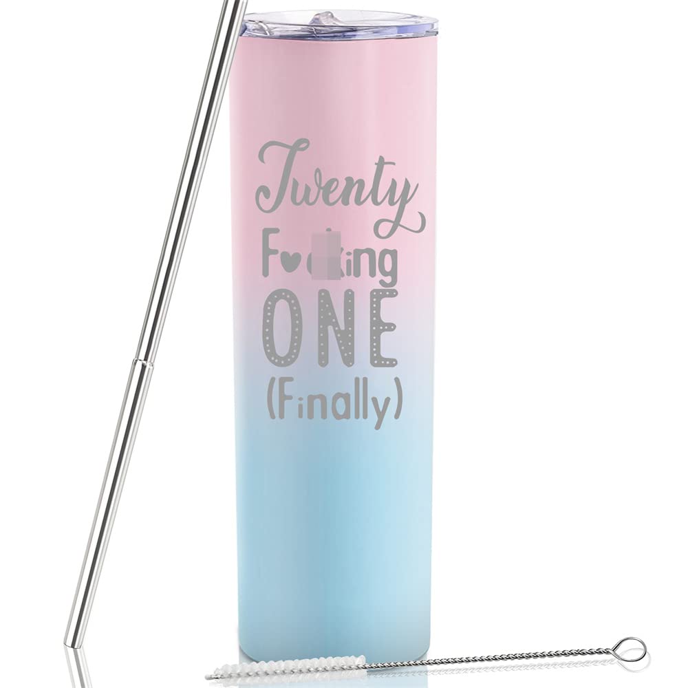 20oz Skinny Wine Tumbler with Straw - Best 21st Birthday Gift for Women, Daughter, Girlfriend | Pink Gradient Travel Cup for Drinks On-The-Go, Parties & Celebrations