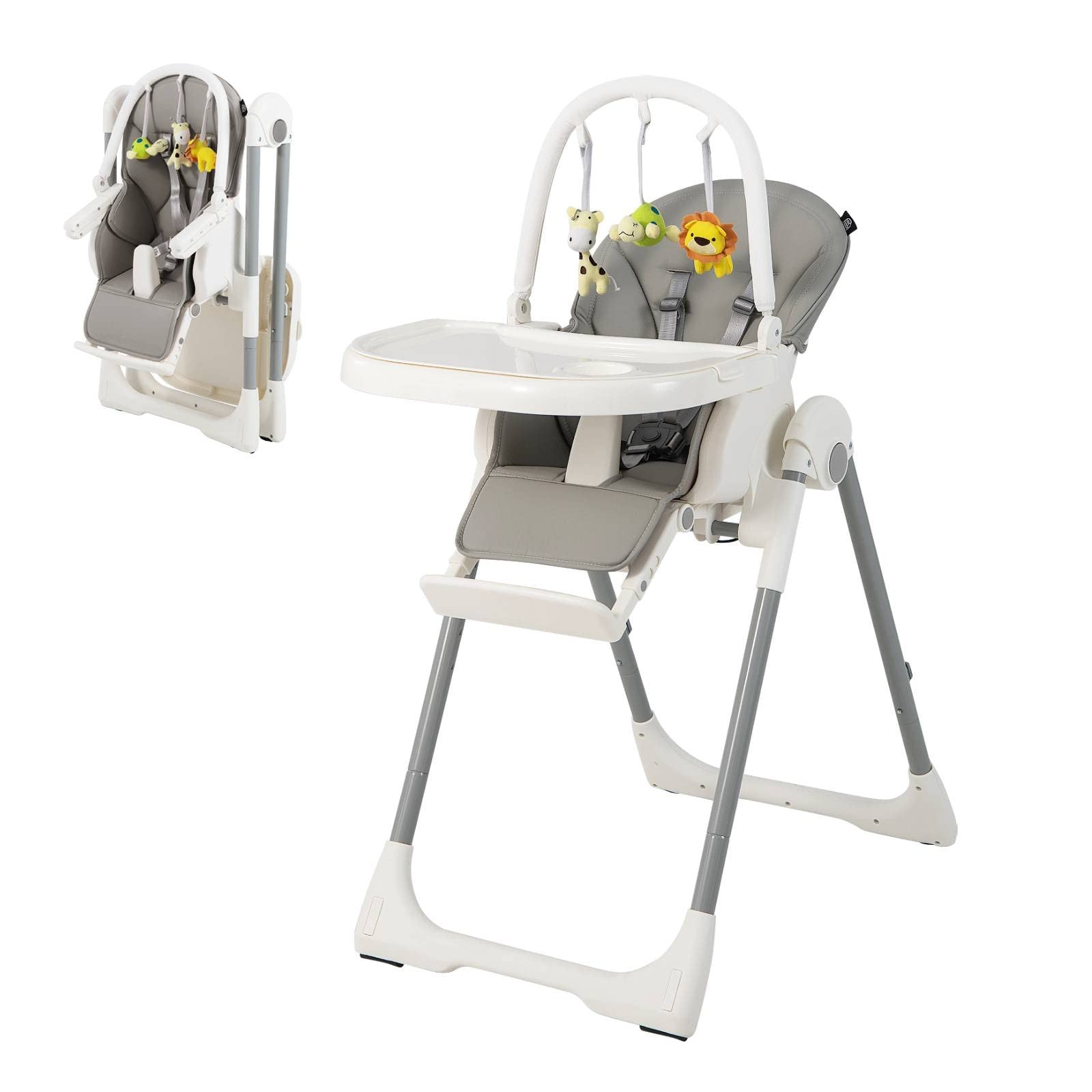Maxmass 4-in-1 Foldable Baby High Chair with 5-Point Safety Harness, Removable Dual Tray & Cushion, Toy Bar & Wheels - Adjustable Infant Feeding Seat for 6-36 Months (Grey) | Perfect for Home, Restaurant & Travel Use