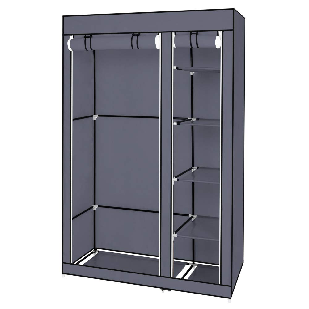 Kcelarec Fabric Wardrobe Closet - Portable Clothes Storage Organizer with Hanging Rail & Shelves, Foldable Fabric Cover for Bedroom, Closet, Dorm Room, Travel - Space Saving Grey Wardrobe (Perfect for Small Spaces & Temporary Storage)