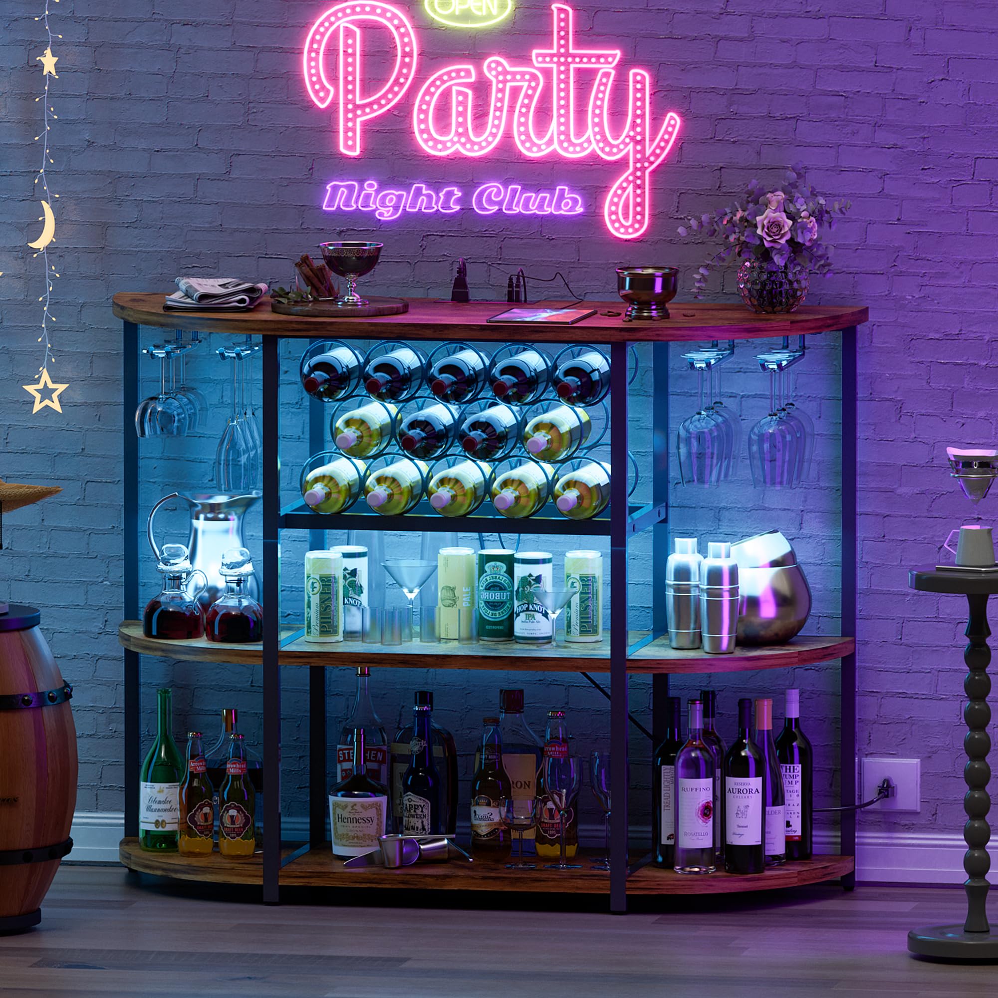 Furmax 4-Tier Freestanding Wine Bar Cabinet with LED Lights & Power Outlet - Modern Liquor Storage Cabinet with Glass Holder for Home Bar, Kitchen, Dining Room & Entertainment Spaces