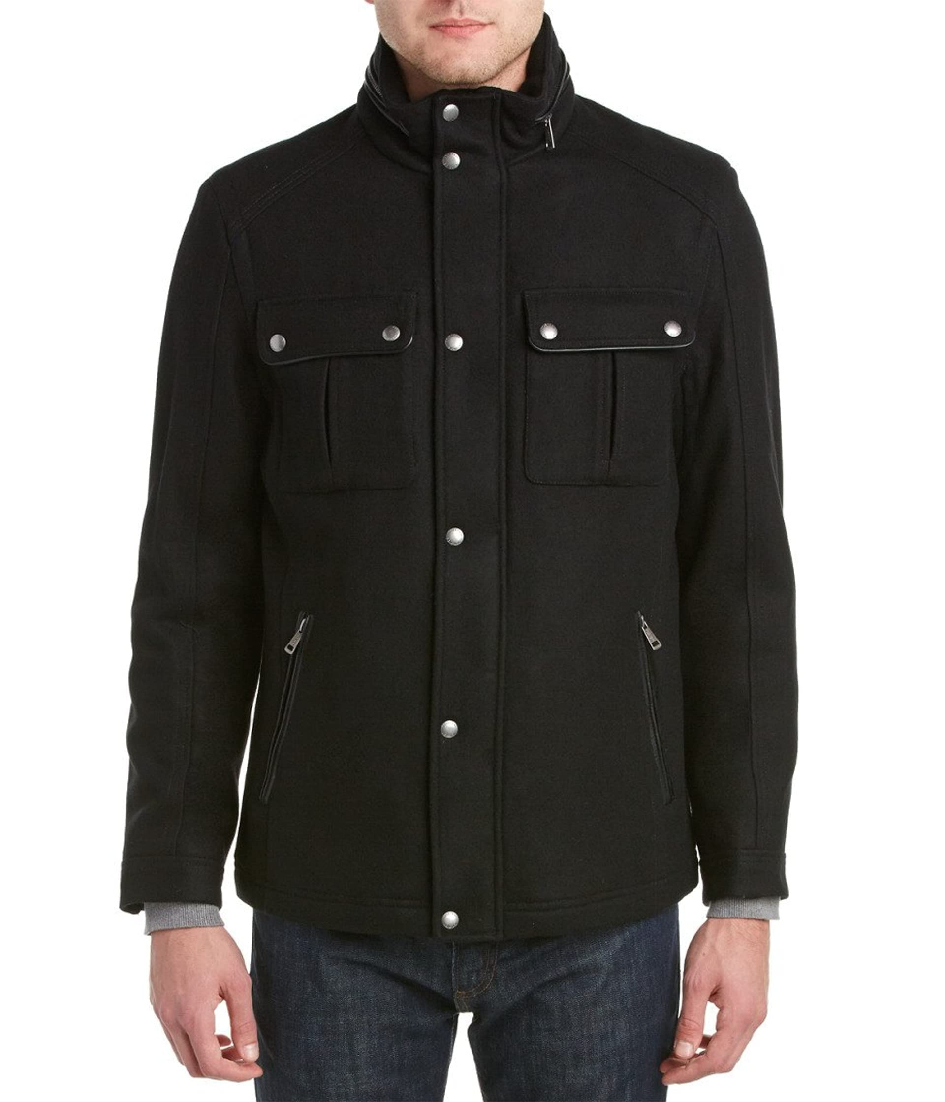Cole Haan Men's Wool Melton Stand Collar Jacket with Patch Pockets - Classic Winter Coat for Business Casual & Outdoor Activities