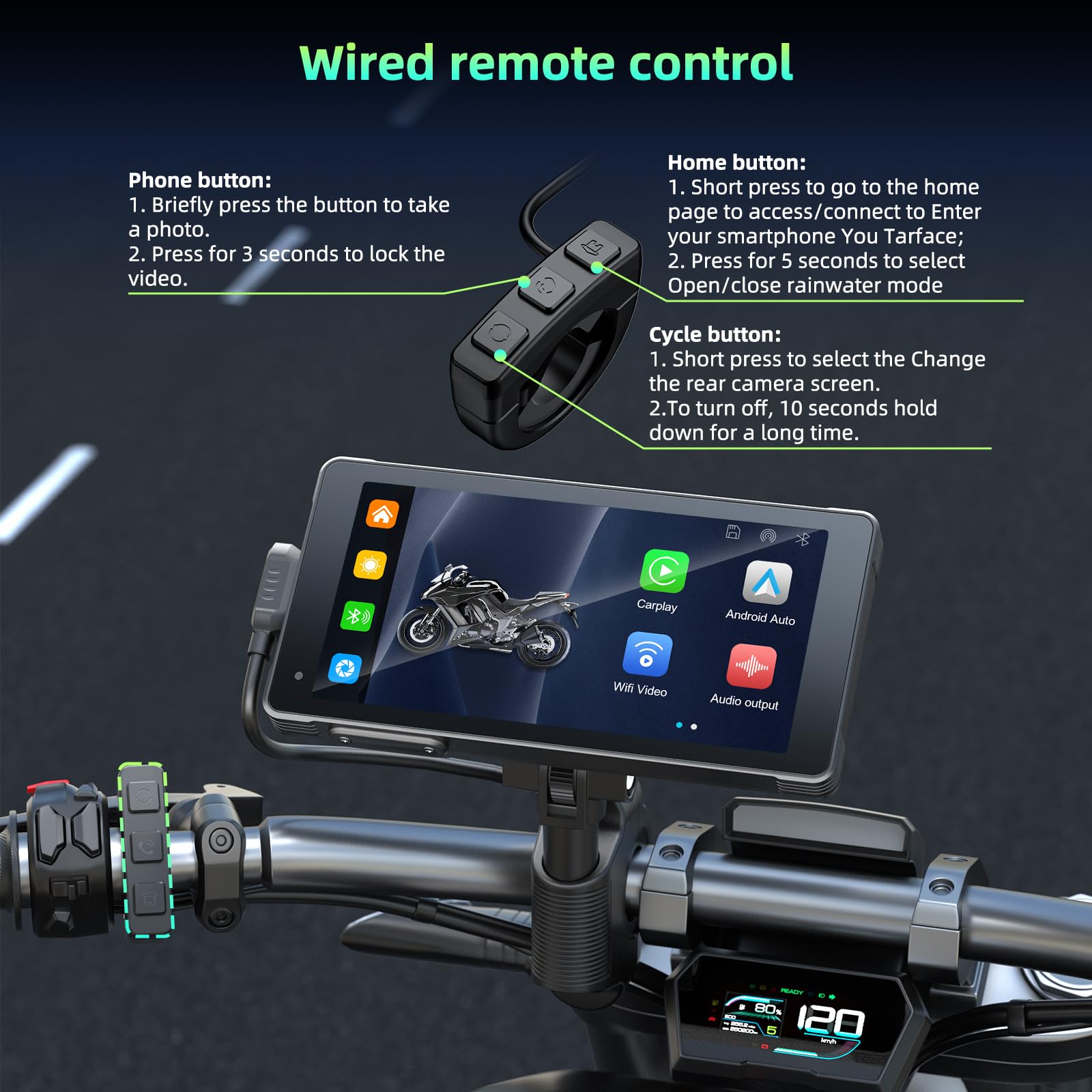 HOTPEAK 5.5-Inch IP67 Waterproof Motorcycle Stereo with Wireless CarPlay & Android Auto, 2K Front + 1080P Rear Dashcam, Bluetooth, Navigation & Voice Assistant - Perfect for Adventure Riding, Commuting and GPS Navigation on Your Bike