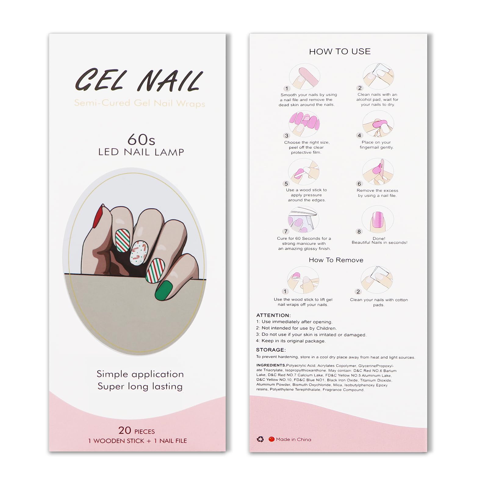 JMEOWIO Christmas Cute Green Red Semi-Cured Gel Nail Stickers - Long Lasting UV/LED Nail Strips for Holiday Nail Art Designs & Decorations - Perfect for Christmas Parties, Gifts & Festive Nail Looks