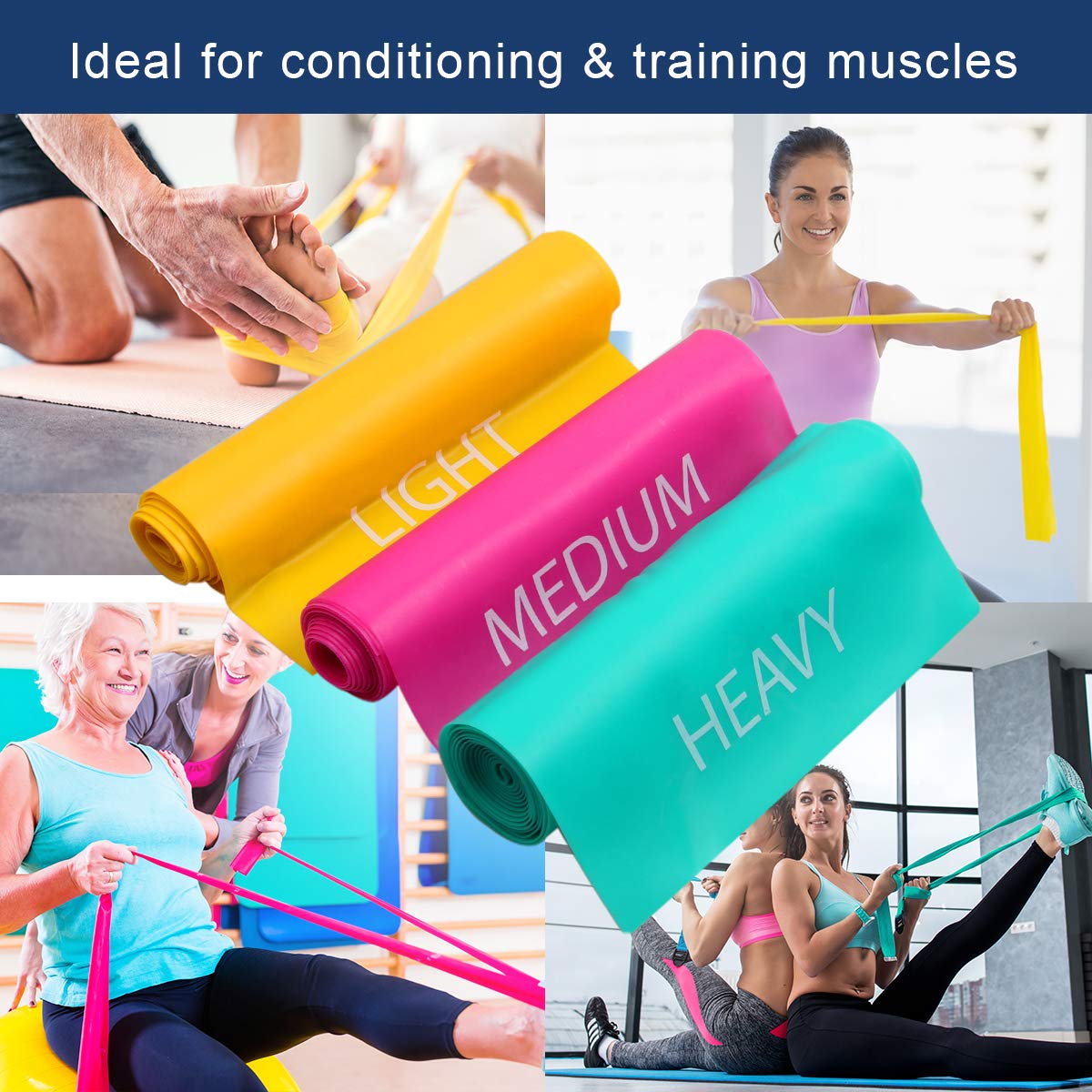 Coolrunner 7FT Latex-Free Elastic Exercise Bands Set of 3 - Wide Resistance Bands for Pilates, Yoga, Gym & Physical Therapy - Includes Carry Bag (Green, Yellow, Rose Red) - Perfect for Home Workouts, Rehabilitation & Fitness Training
