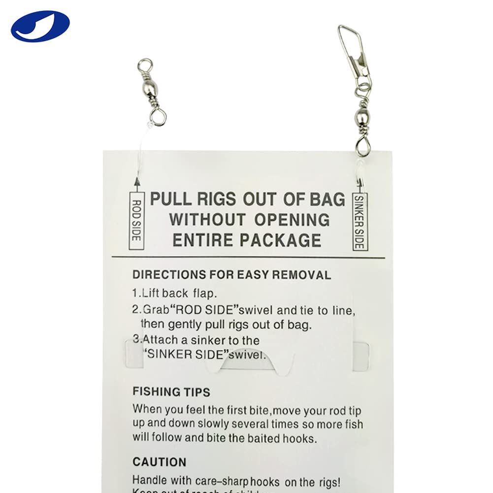 10/20/50/100 Packs 3 Feather & Fish Skin Saltwater Fishing Rigs - 6 Hooks with String, Hook Lure Bait Tackle Jig for Ocean, Beach & Pier Fishing