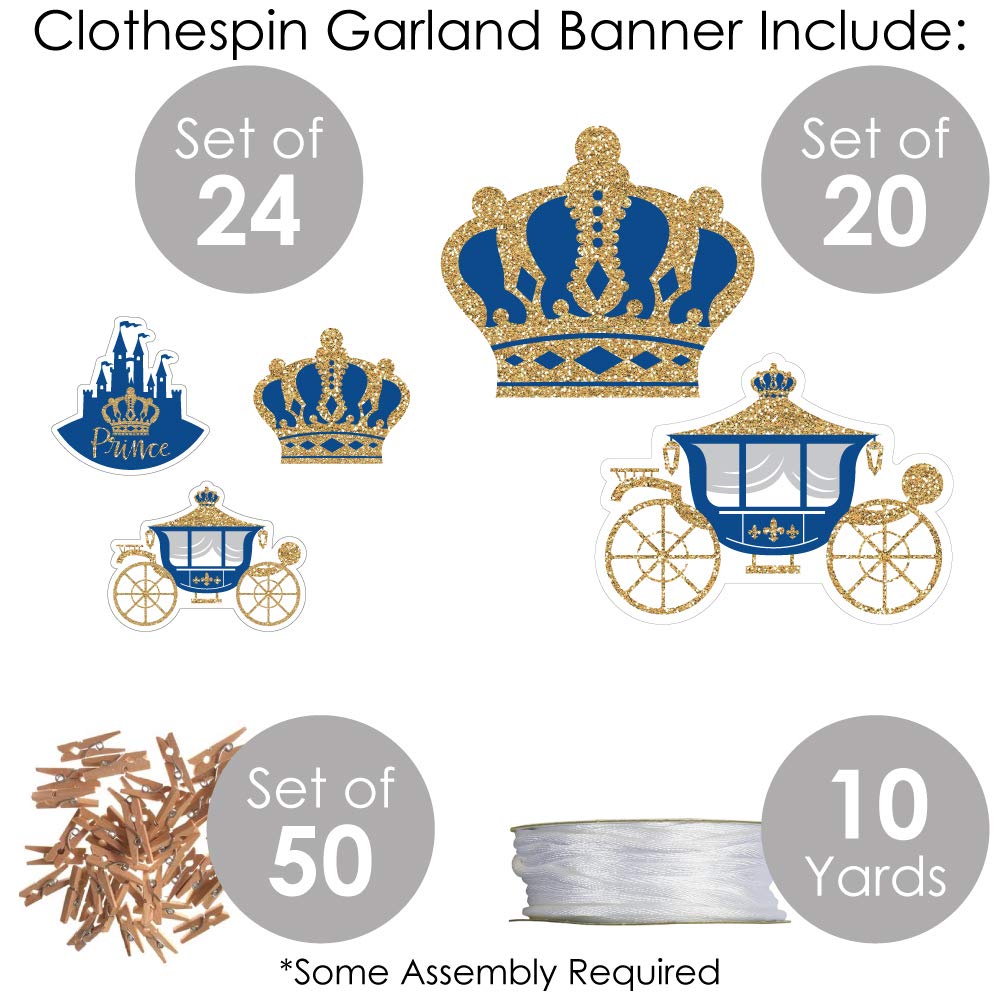 Royal Prince Charming Baby Shower Decorations - DIY Birthday Party Banner Kit with 44-Piece Clothespin Garland - Perfect for Nursery Decor, Gender Reveal Parties & First Birthday Celebrations