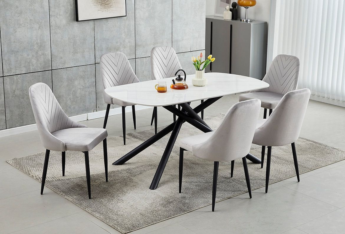 Luxury Sintered Stone Marble Dining Table Set with Light Grey Velvet Chairs - Modern Kitchen & Dining Room Furniture for Home Decor & Entertaining