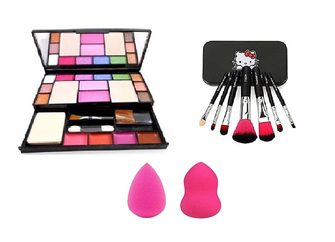 JEKANAZO Professional Makeup Combo Set - 6155 Tya Makeup Kit with 7-Piece Black Hello Kitty Brush Set & 2 Beauty Blenders | Complete 10-Piece Makeup Collection for Beginners & Professionals | Perfect for Daily Use, Special Occasions & Travel