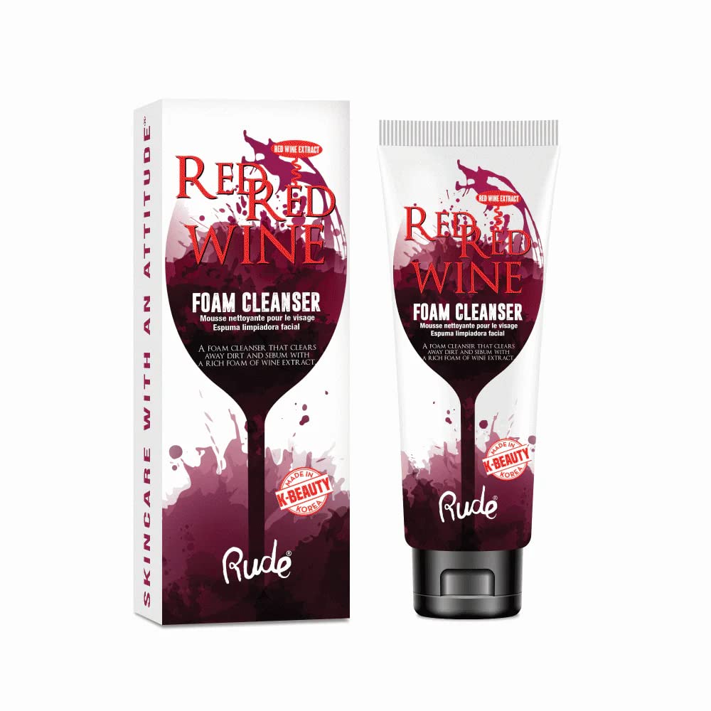 Rude - Red Red Wine Foam Cleanser for Face | Antioxidant & Brightening Facial Wash | Gentle Daily Cleanser for Glowing Skin | Perfect for Morning & Night Skincare Routine