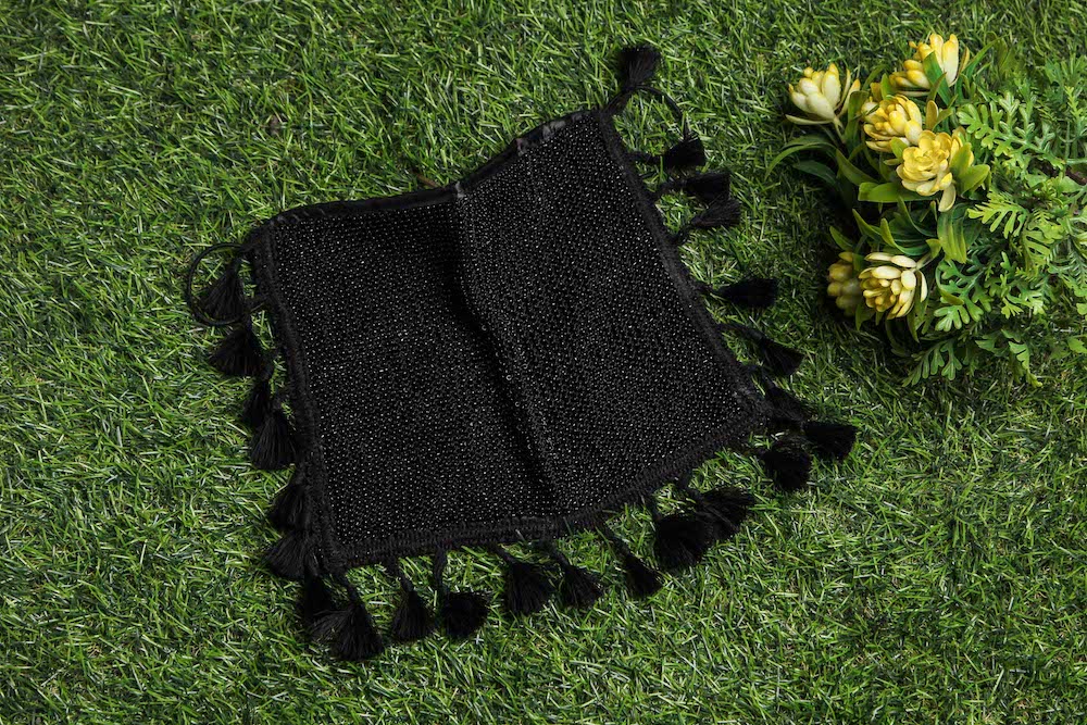 Black Beaded Hand Crochet Veil Style Face Mask - Elegant Fashion Accessory for Women, Wedding, Party & Special Occasions