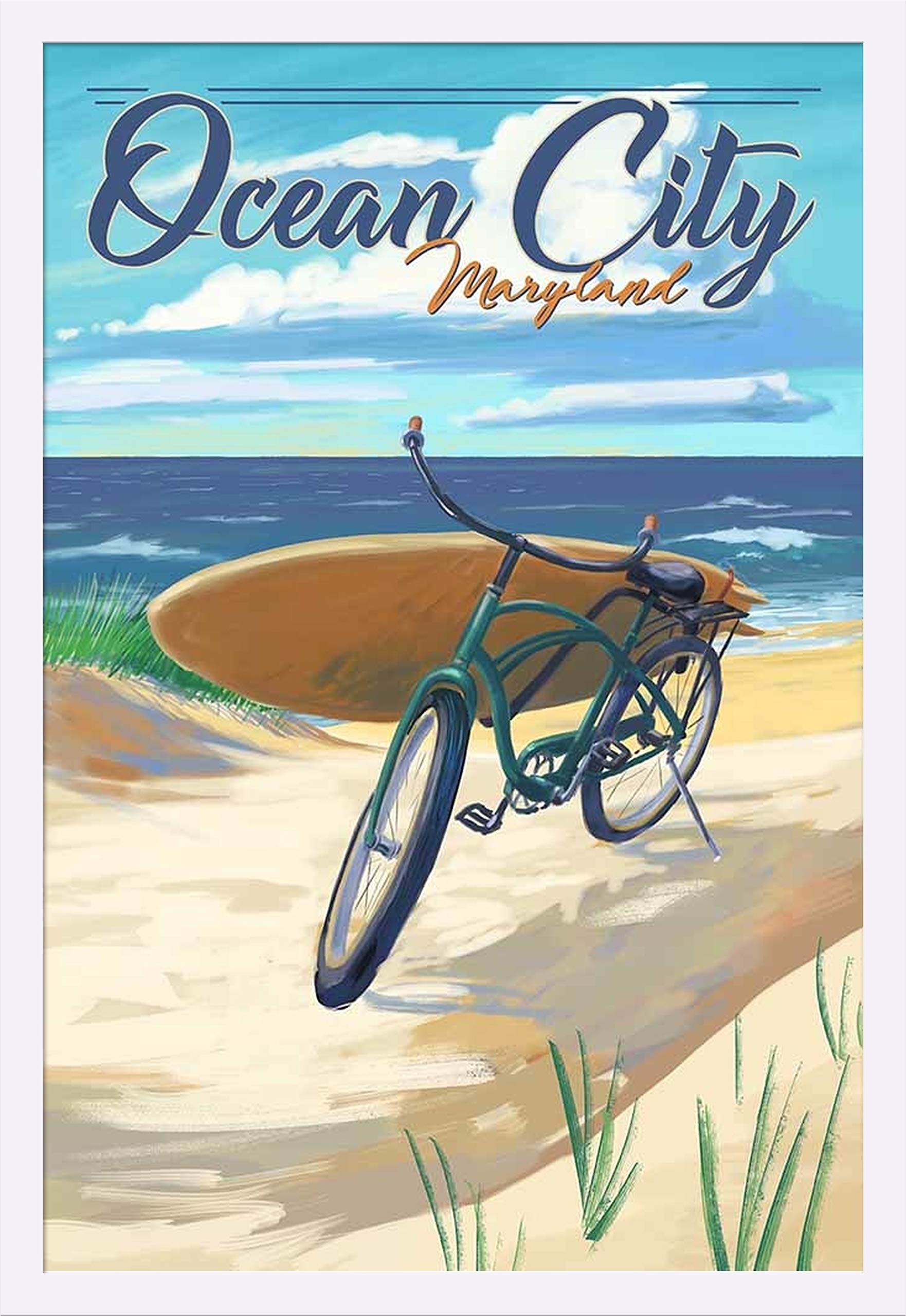 Ocean City Maryland Beach Cruiser Bicycle Art Print - 24x36 Giclee Gallery Framed in White Wood - Coastal Decor for Living Room, Bedroom or Office