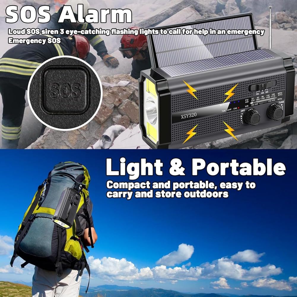 Mkcavne Emergency Weather Radio - Solar Hand Crank AM/FM/NOAA Portable Radio with 5 Charging Modes & Cell Phone Charger - Perfect for Camping, Hiking, and Power Outages