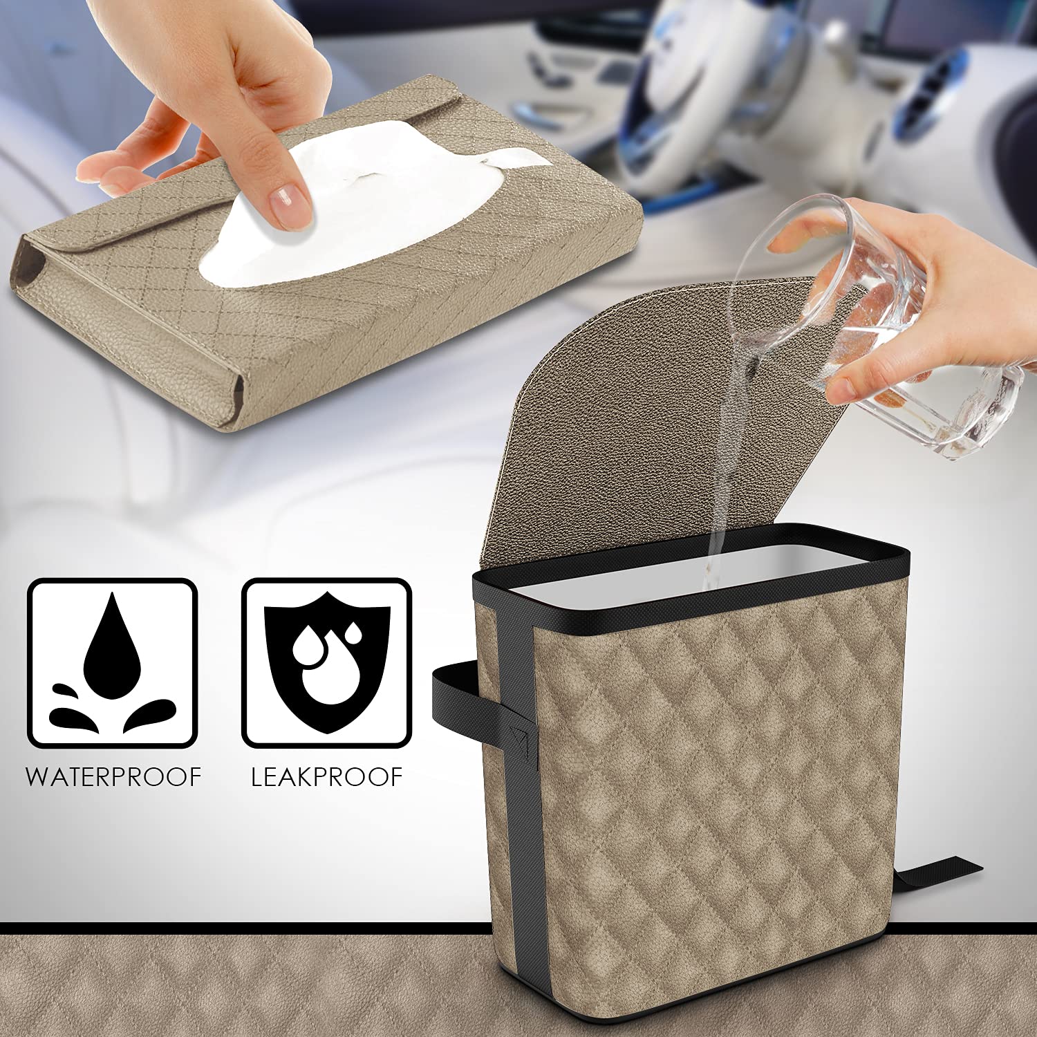 Premium Leather Car Trash Can with Matching Tissue Box Holder - Waterproof & Washable Car Garbage Bag for SUV, Sedan, Road Trips & Office Use