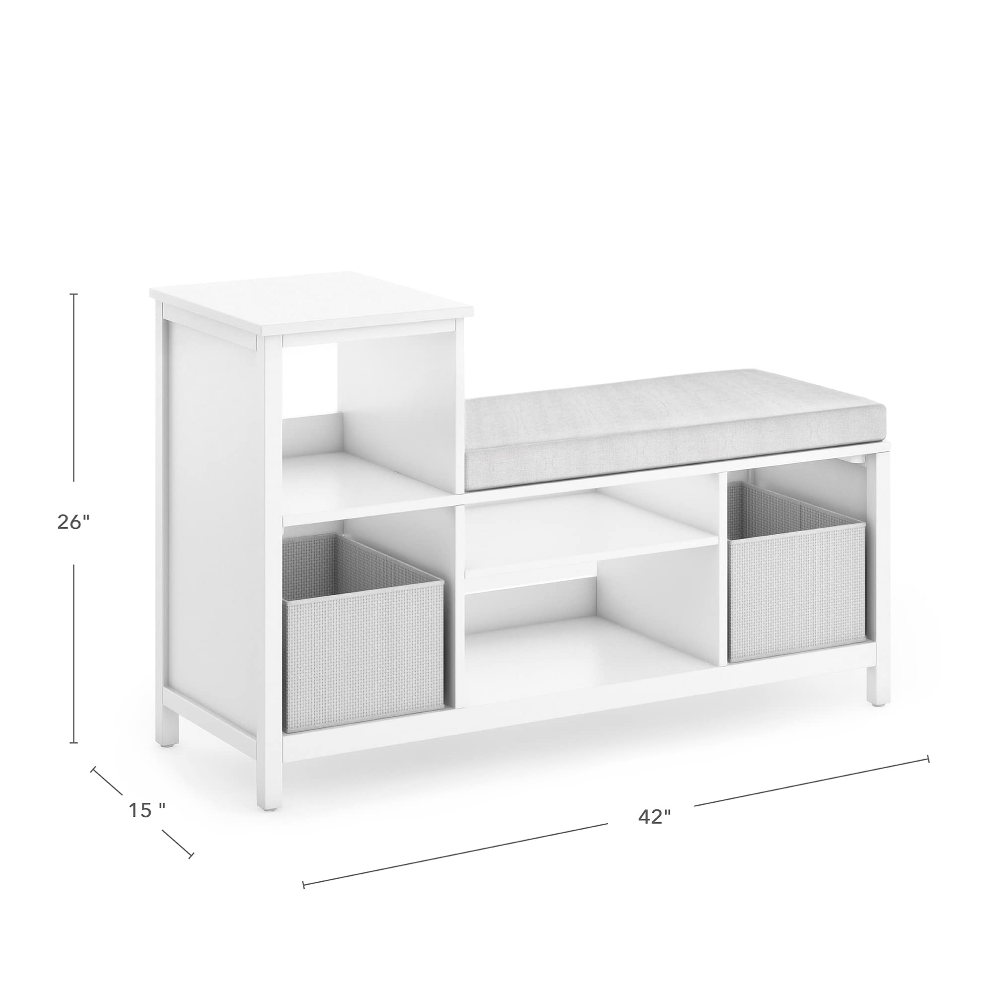Martha Stewart Kids' Jr. Reading Nook with Storage Bins - Creamy White Wooden Bookshelf & Bench with Open Shelves for Toys, Games, Books | Perfect for Toddler Bedroom, Playroom & Nursery Organization