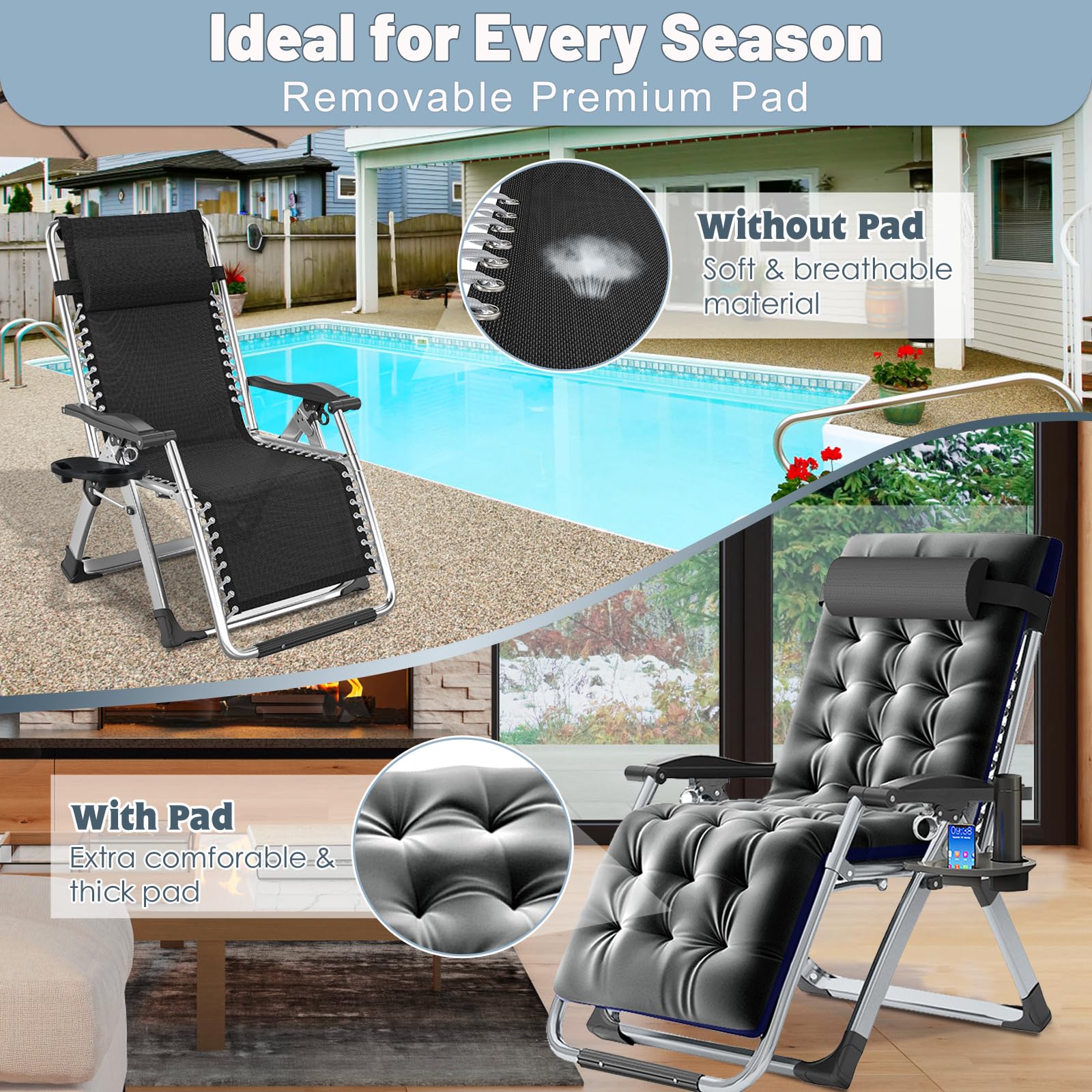 Slsy Zero Gravity Reclining Lounge Chair with Removable Cushion & Side Tray - Adjustable Patio Recliner for Indoor/Outdoor Use - Perfect for Backyard, Poolside, Camping & Relaxation