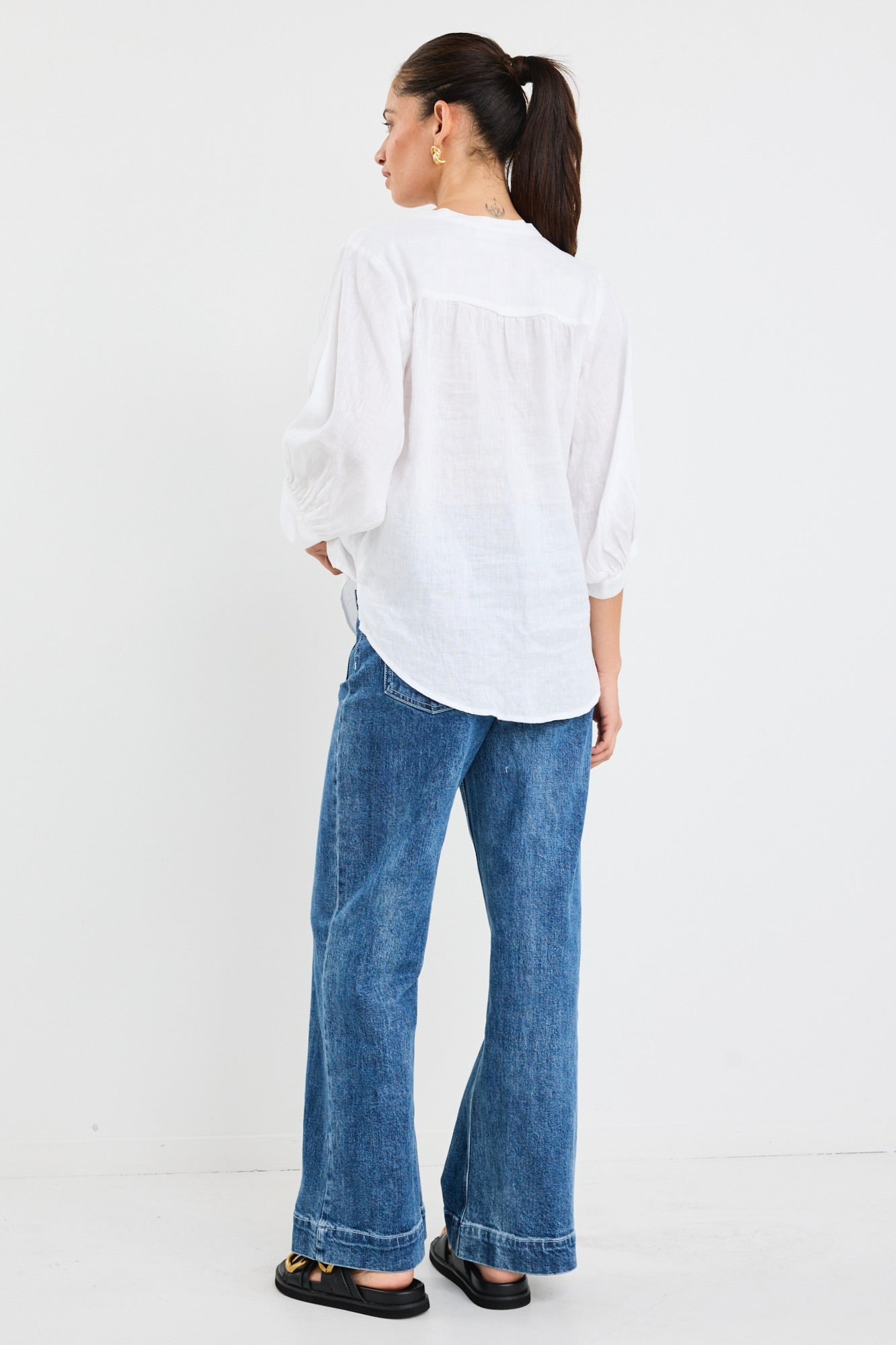 Deity White Linen Button-Down Blouse with Puff Sleeves - Elegant Summer Top for Office, Date Night & Casual Outings