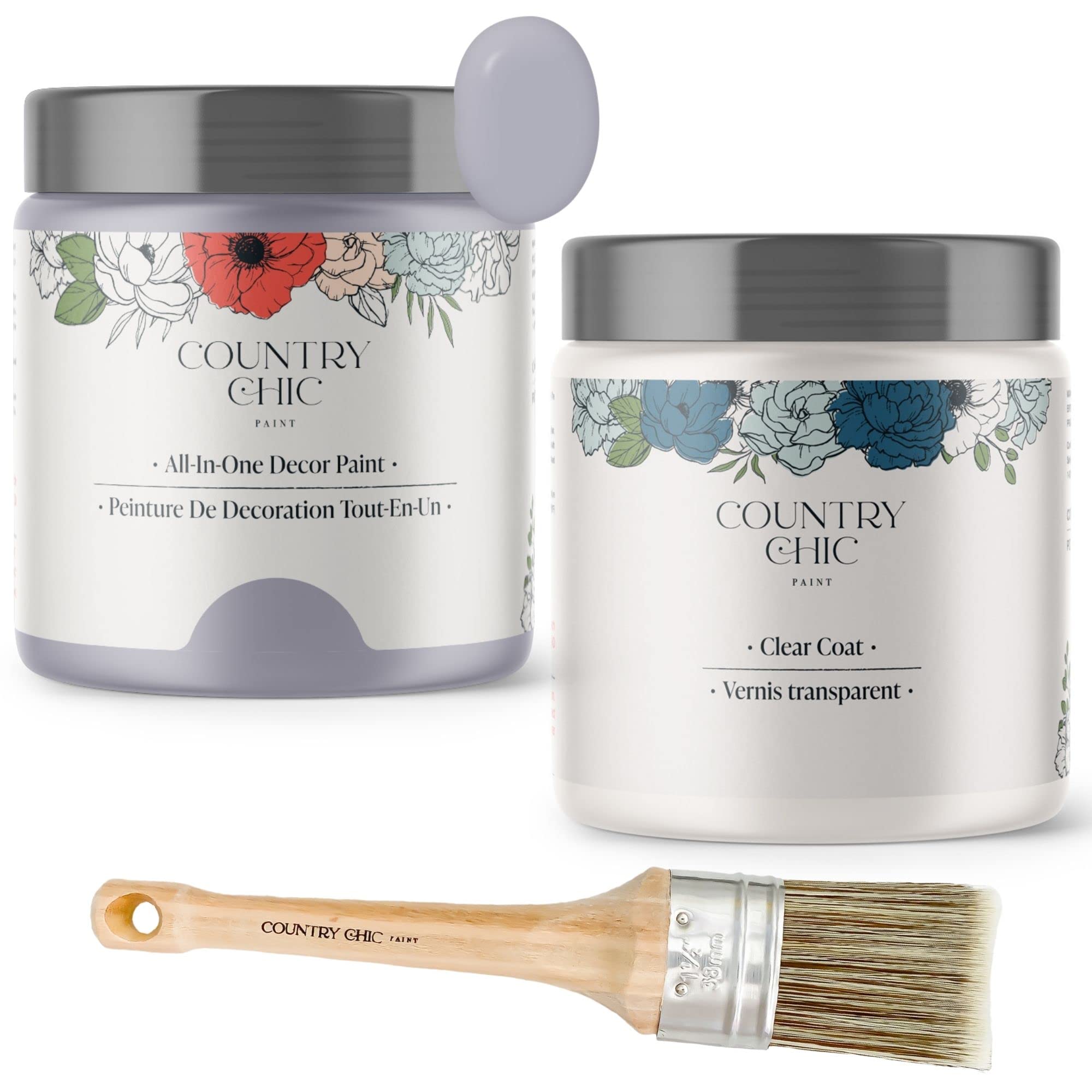 Chalk Style Paint + Clear Coat + Paint Brush Set - DIY Furniture Makeover, Home Decor & Craft Projects - Wisteria (Light Purple) 16 oz - Perfect for Upcycling Old Furniture, Cabinets, and Wooden Decor