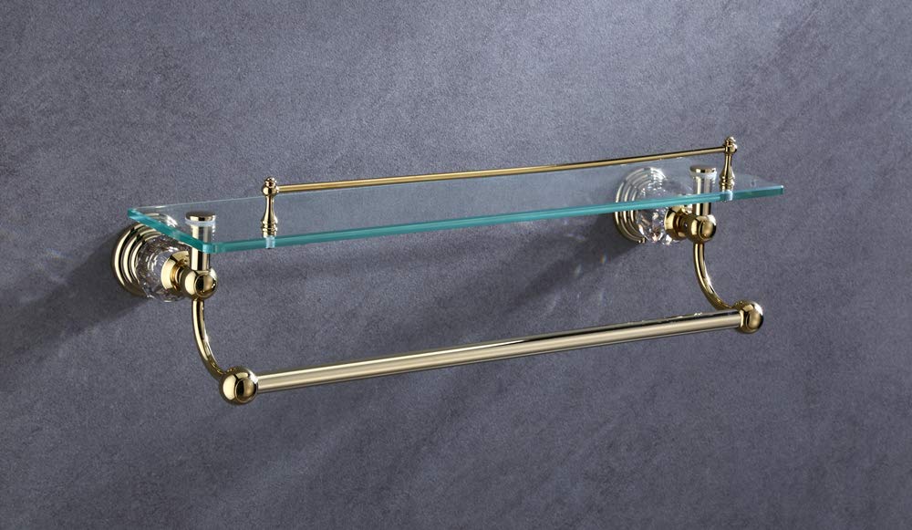 Gold Brass Glass Shelf with Towel Bar - 19.5 Inch European Crystal Bathroom Wall Shelf for Towels & Decor - Perfect for Modern Bathrooms, Powder Rooms & Spa-Style Showers