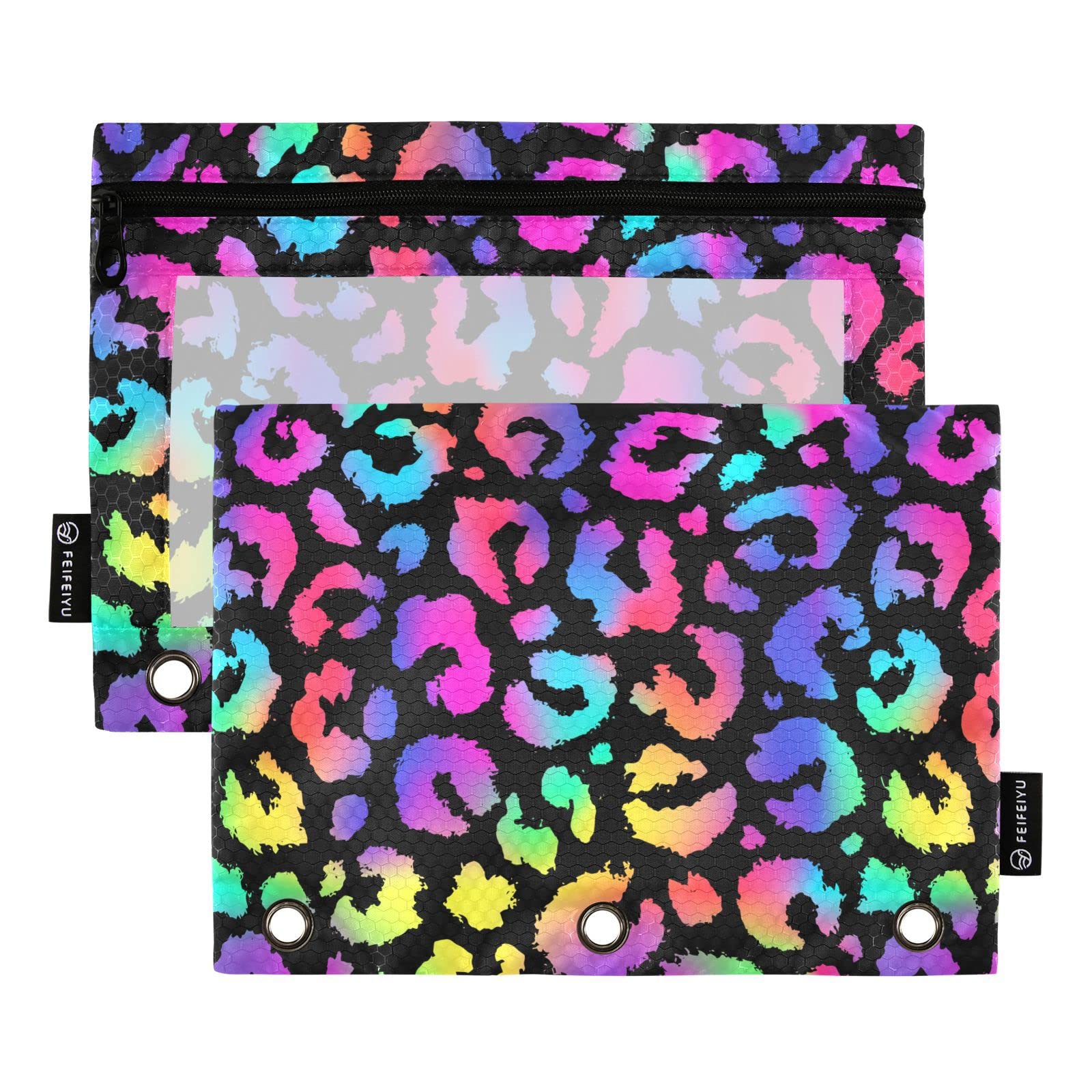 ALAZA Rainbow Leopard Print 3-Ring Binder Pencil Pouch with Clear Window - 2 Pack Zippered Pencil Case & Cosmetic Organizer for School, College, Office Supplies | Perfect for Back-to-School, Work Essentials & Makeup Storage