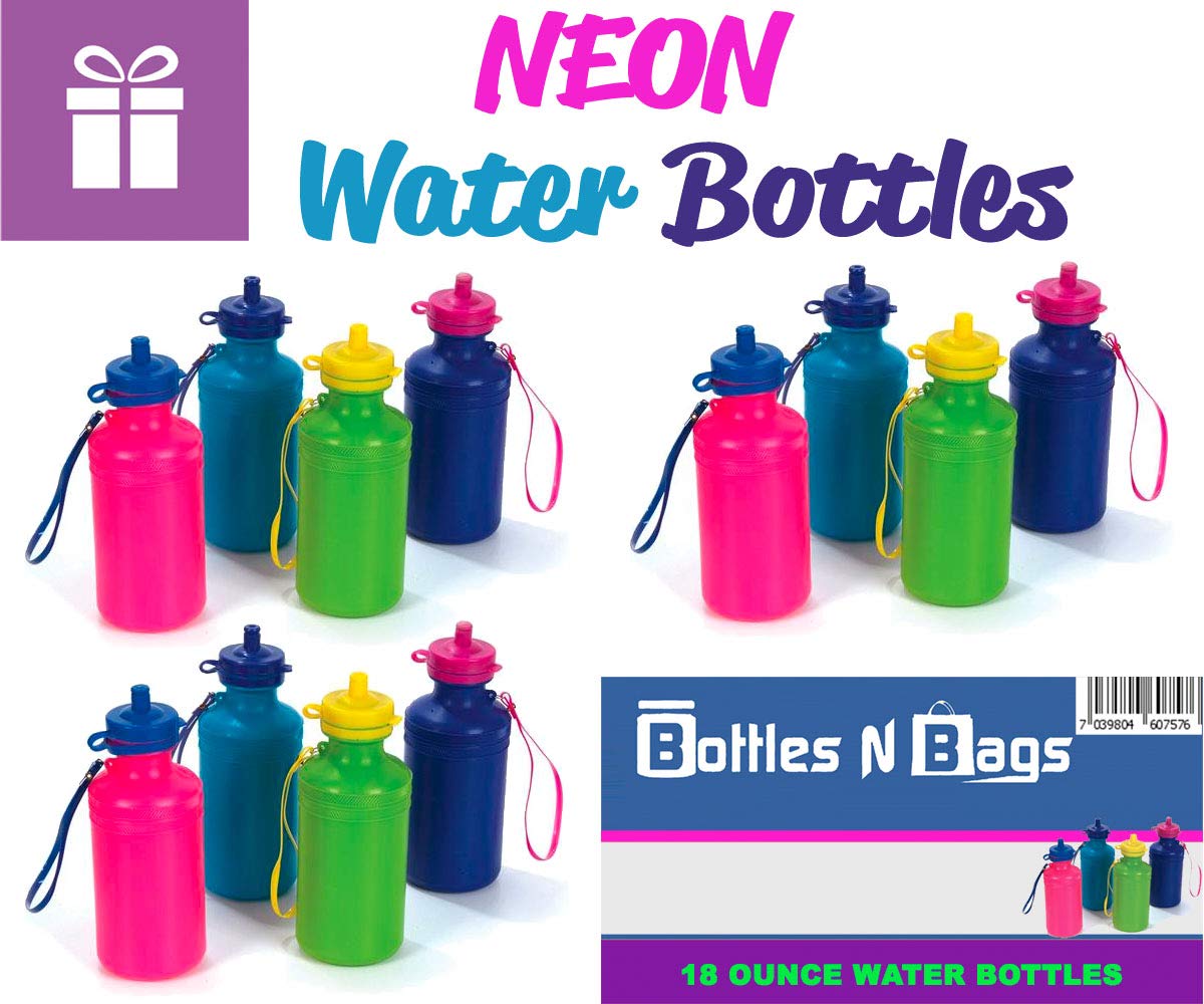 144 Neon Water Sports Bottles for Bikes & Outdoor Activities | Bulk Pack of 7.5-inch Hydration Bottles with Wrist Strap | Summer Beach, Pool, Hiking & Sports Accessory | Holds 18oz Drinks for Kids & Adults (144 Pack)