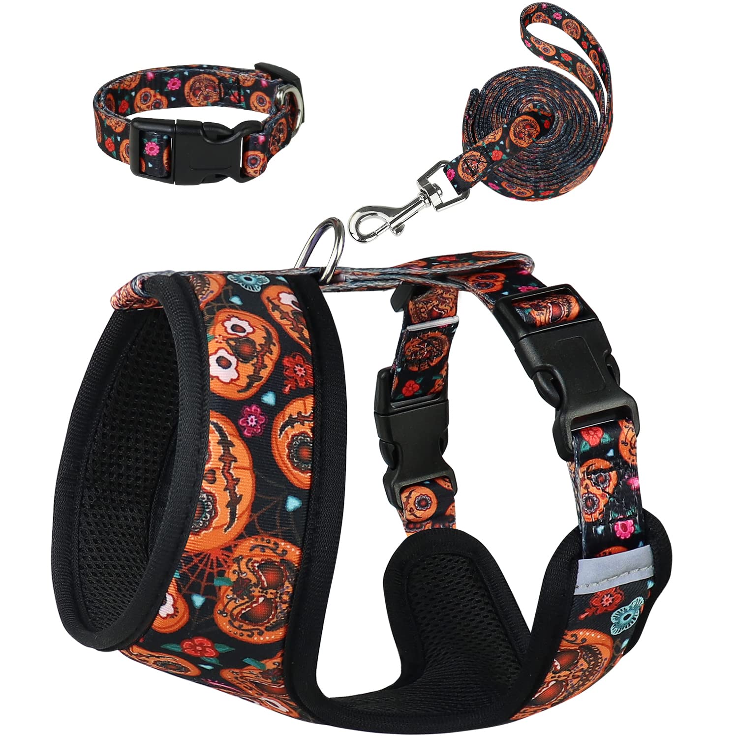 Augopapa Halloween Dog Harness Leash & Collar Set - Pumpkin Vest with Soft Mesh & Reflective Strips for XS to Medium Dogs - Perfect for Trick-or-Treating & Night Walks