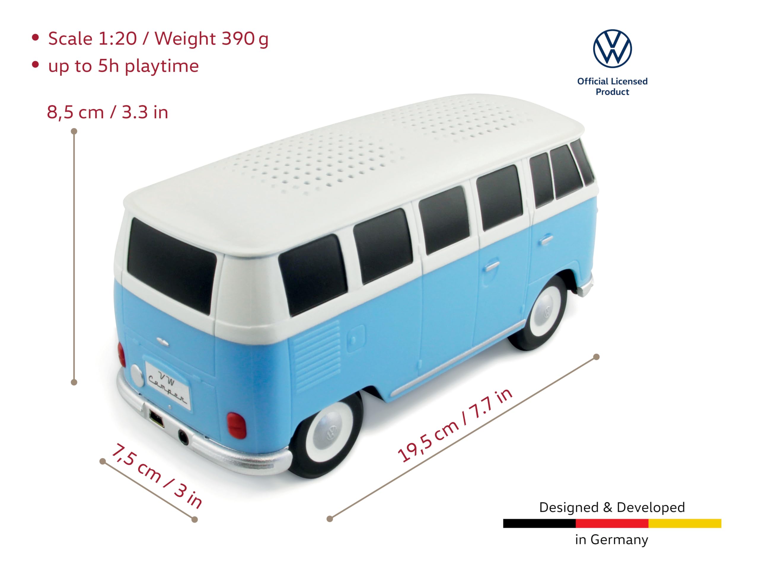 BRISA VW Collection - 1:20 Scale Volkswagen T1 Bus Campervan Bluetooth Speaker with Rechargeable Battery | Portable Wireless Speaker for Home, Office, Travel & Outdoor Adventures | Classic Blue Retro Design