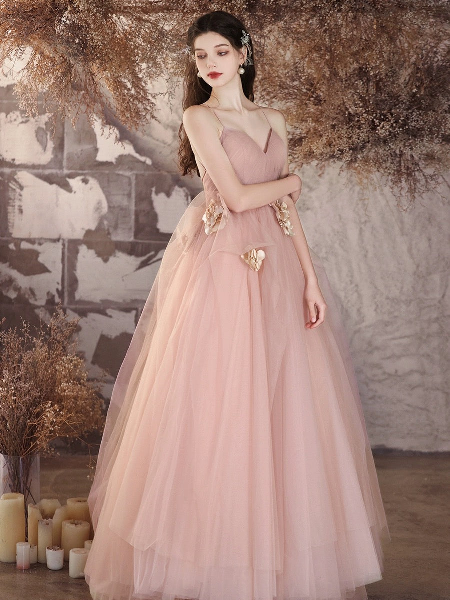 Elegant A-Line V-Neck Tulle Flower Pink Long Prom Dress for Women - Perfect for Evening Gala, Formal Dance & Special Occasions