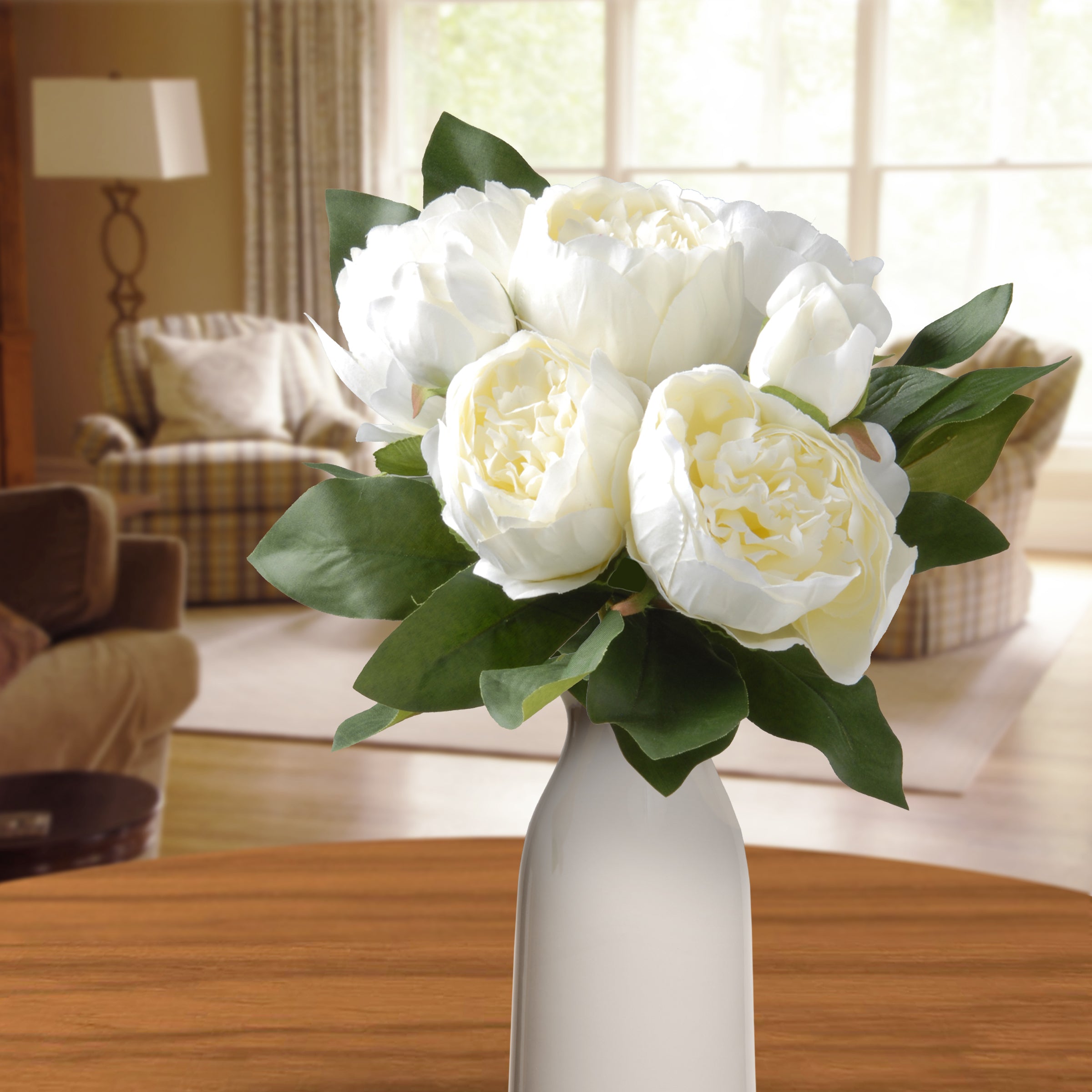 14 Inch Spring Floral Bouquet with White Peony Blooms & Leafy Greens - Perfect for Weddings, Home Decor, and Gift Giving