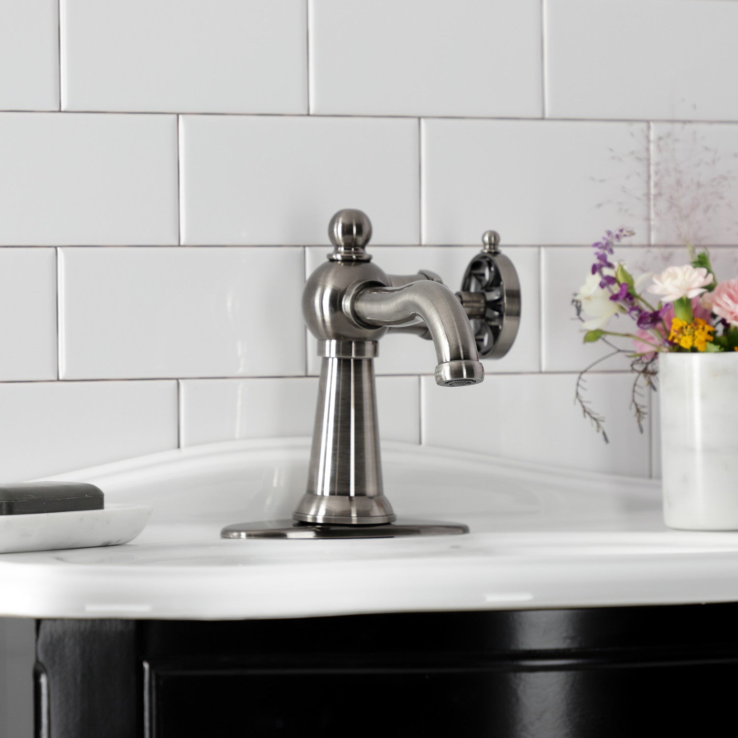 Belknap KSD354RXVN Single Handle 1-Hole Bathroom Sink Faucet with Deck Plate & Push Pop-Up Drain, Black Stainless Steel - Perfect for Modern Bathrooms, Vanities, and Powder Rooms