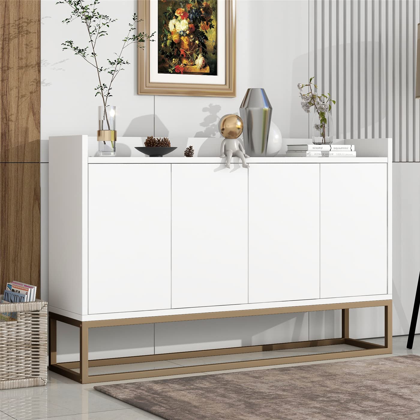 Modern White Sideboard Buffet Cabinet with Large Storage & Gold Metal Legs - Elegant Accent Storage Console Table with Adjustable Shelf for Dining Room, Kitchen, Hallway | Perfect for Home Decor & Entertaining Guests