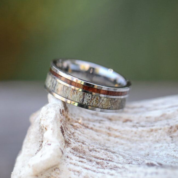 Handmade Koa Wood & Elk Antler Ring for Men - Natural Wooden Wedding Band, Unique Handcrafted Jewelry Gift for Him - Perfect for Outdoor Adventures, Camping & Nature Lovers