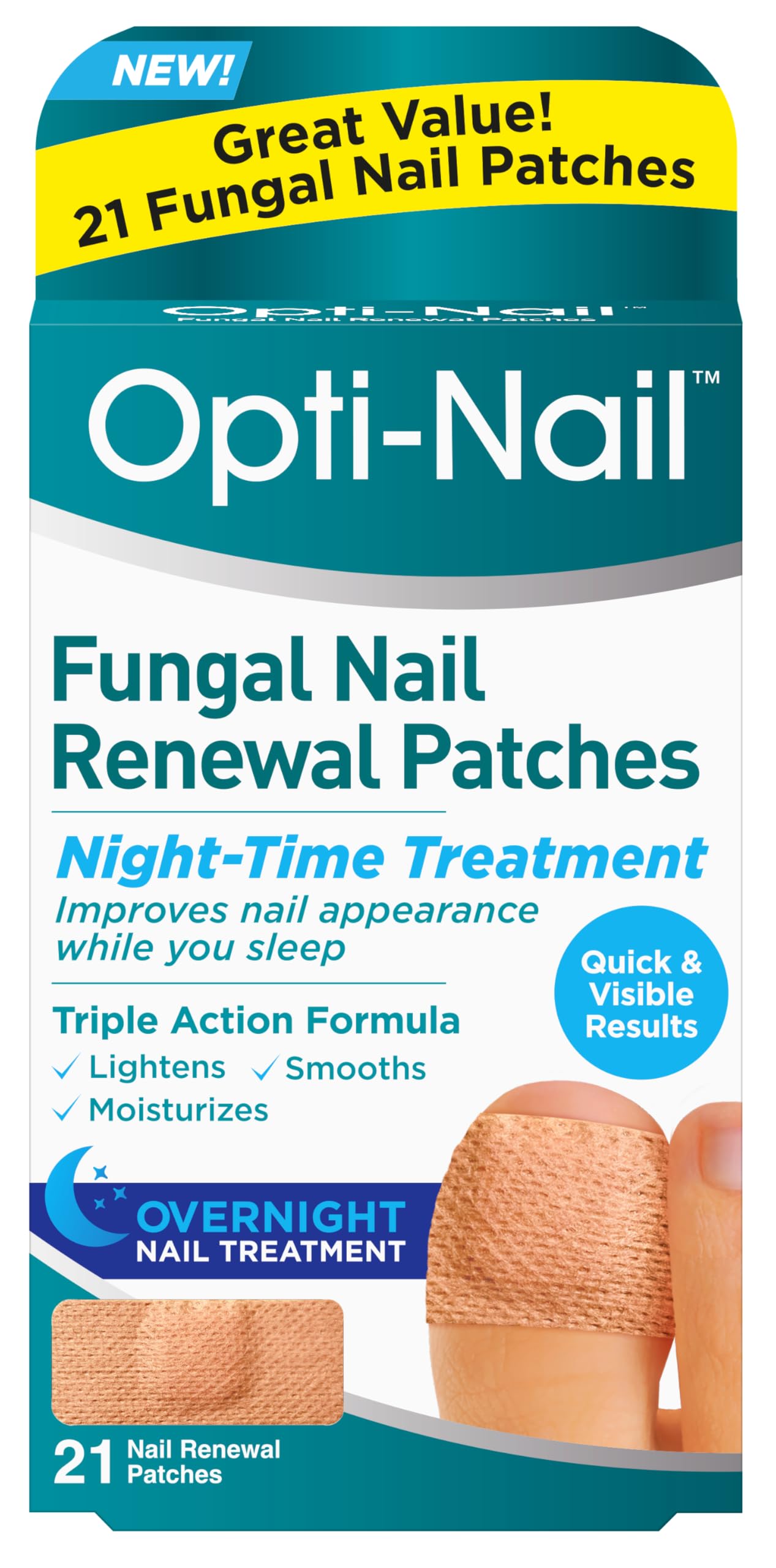 Opti-Nail Fungal Nail Renewal Treatment Patches - Overnight Nail Repair for Toenails & Fingernails - Improves Nail Health & Appearance While You Sleep - 21 Medicated Patches - Perfect for Athletes, Swimmers & Active Lifestyles