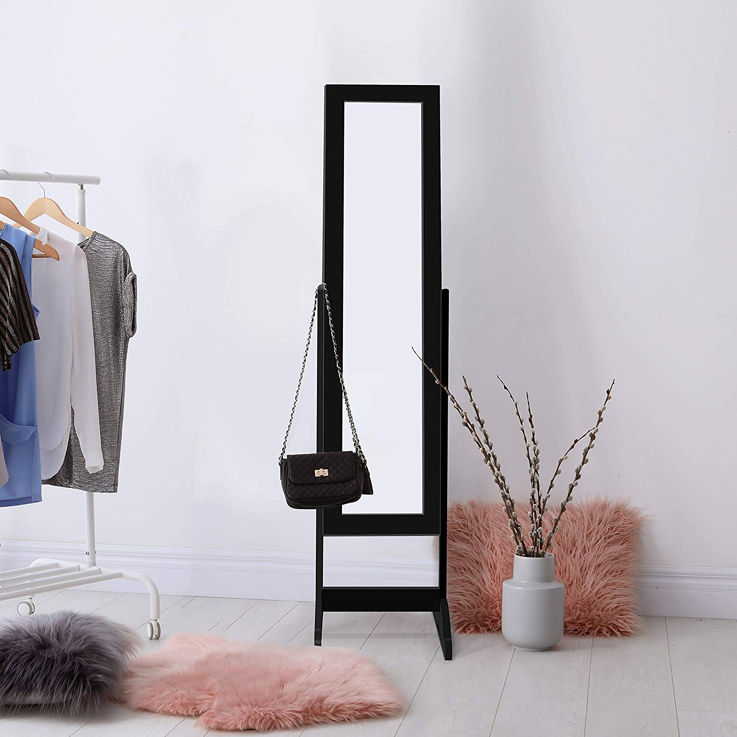 HOMGX Wooden Standing Jewelry Cabinet with Mirror - Jewelry Armoire Organizer for Necklaces, Rings & Earrings - Elegant Black Storage for Bedroom, Closet & Dressing Room
