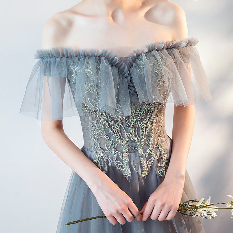 Elegant Off Shoulder Gray Long Prom Dress - A-Line Tulle Formal Evening Gown for Women - Perfect for Homecoming, Wedding Guest, and Special Occasions