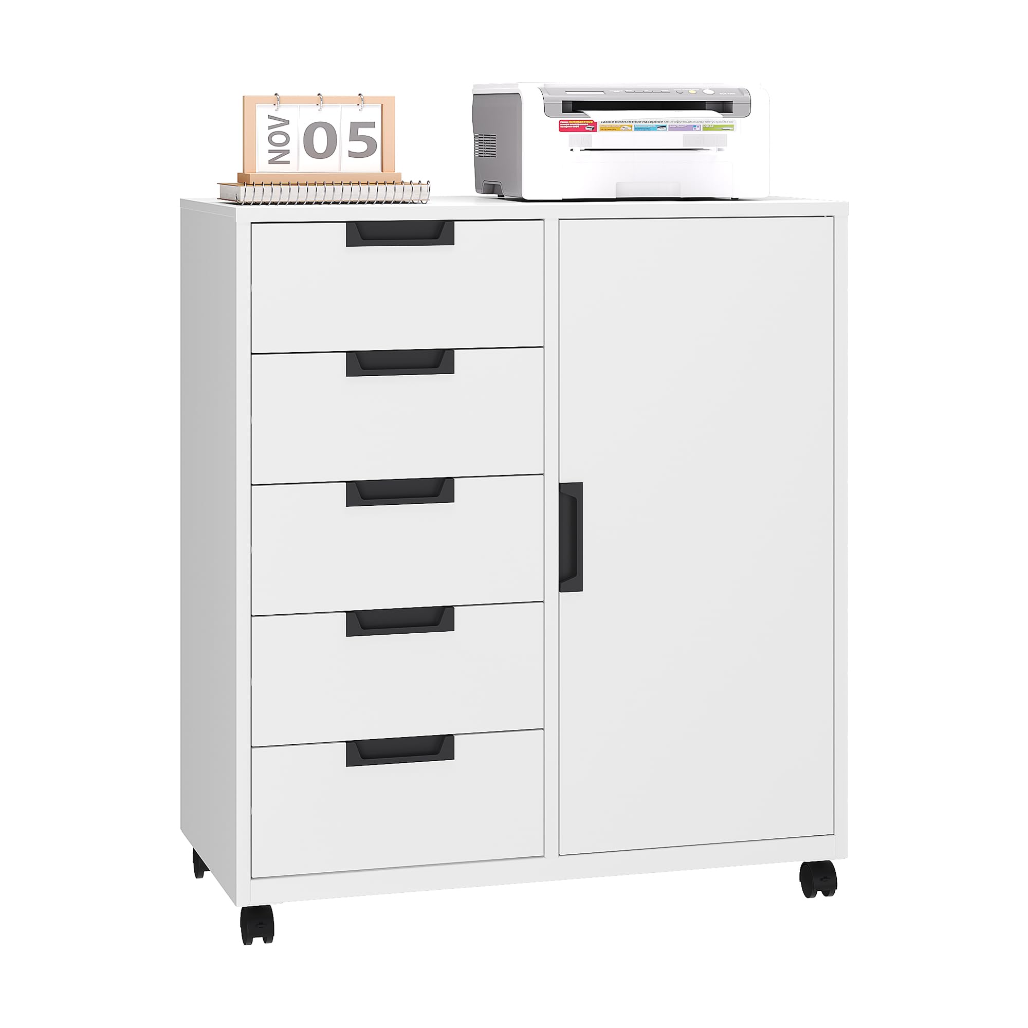 5-Drawer Metal Storage Cabinet with Doors & Shelves - White Mobile File Cabinet, Dresser Chest for Home Office - Perfect for Organizing Files, Office Supplies & Printer Storage