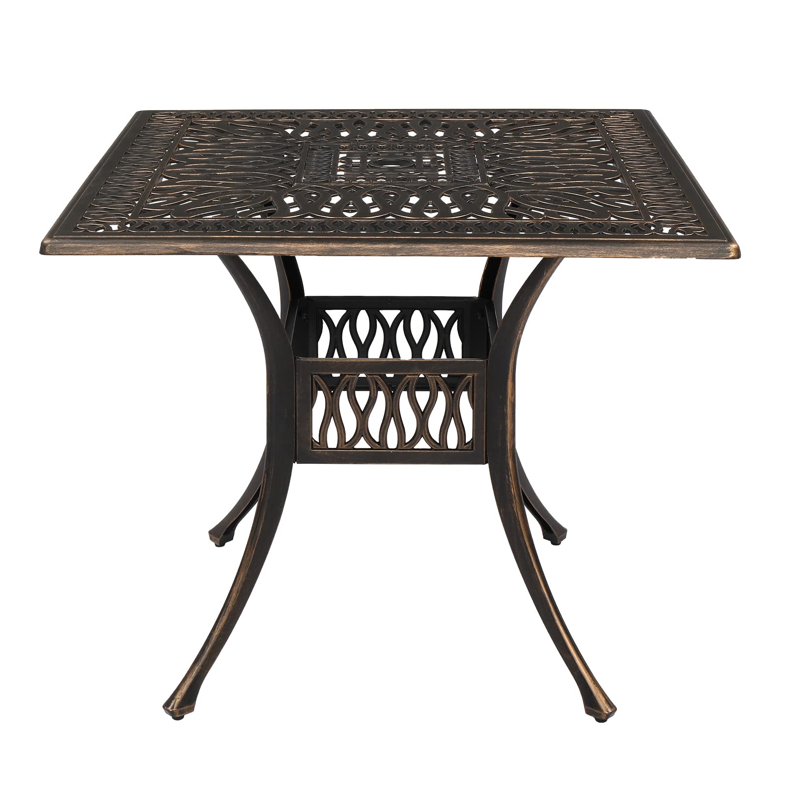 Retro Cast Aluminum Outdoor Dining Table with Umbrella Hole - Square Top Patio Bistro Table for Garden, Poolside, and Backyard Gatherings