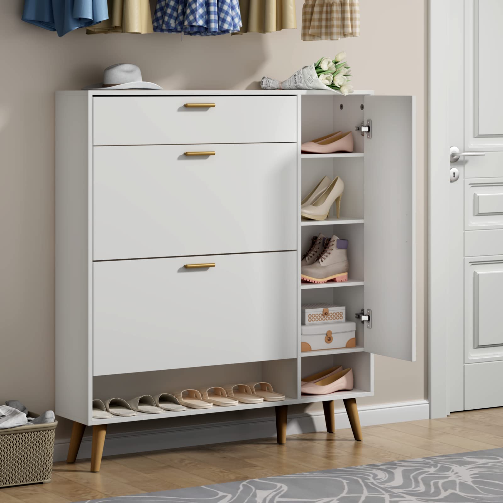Shoe Rack Cabinet with 2 Flip Drawers - Narrow Entryway Storage for Shoes & Organizing