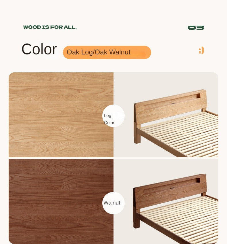 Solid Oak and Beech Wood Bed with Built-in LED Lights and Bookshelf - Modern Bedroom Furniture for Small Spaces, Lofts, and Studio Apartments