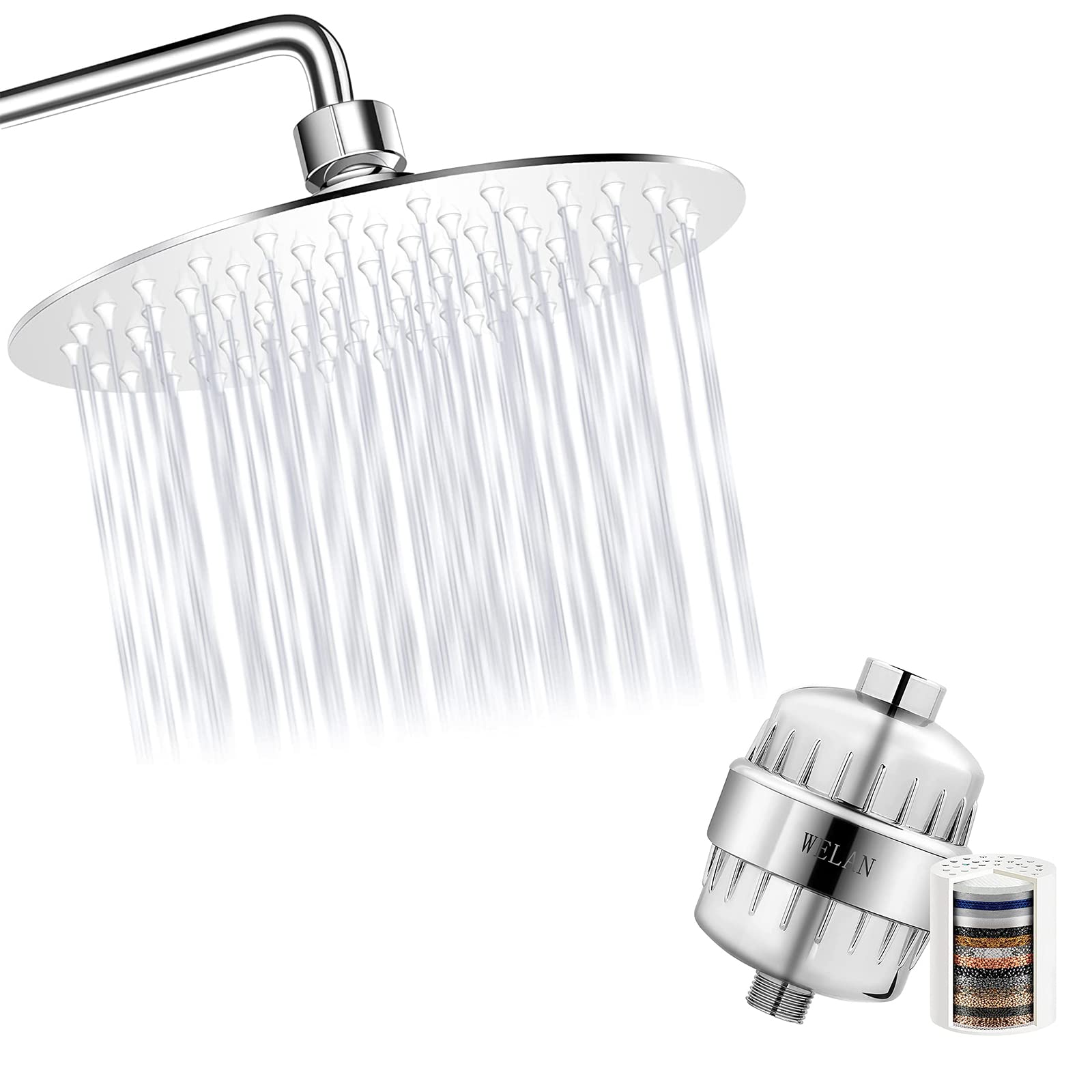 8 Inch High Pressure Stainless Steel Rain Shower Head - Adjustable Angle, 20-Stage Filter for Hard Water, Waterfall Rainfall Showerhead for Spa-Like Bathroom Experience | Perfect for Modern Bathrooms & Luxury Showers