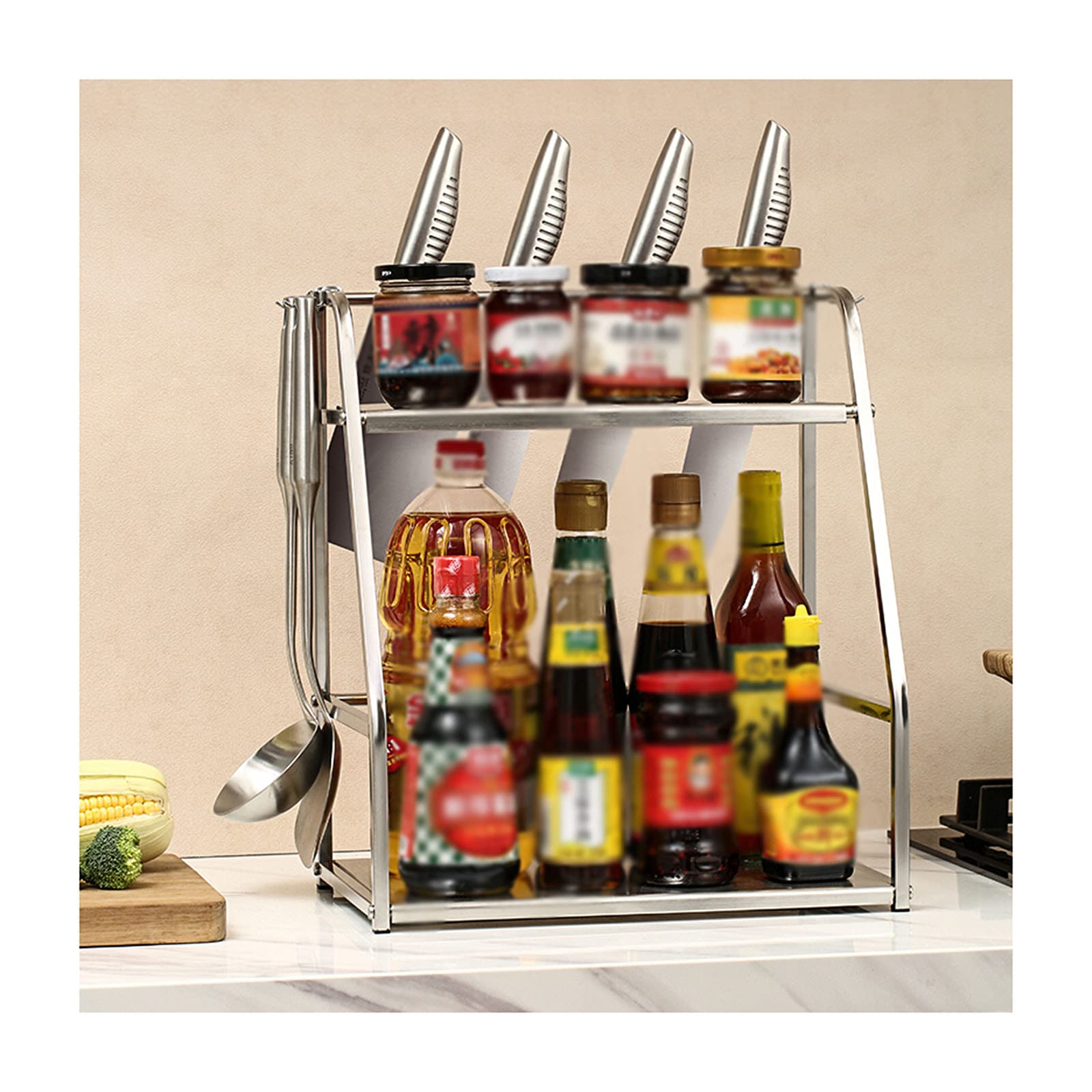 TOMYEUS Stainless Steel Kitchen Organizer - Spice Rack, Knife Holder & Storage Shelf | Space Saving Countertop Organizer for Spices, Utensils & Kitchen Supplies | Perfect for Small Kitchens & Countertop Organization