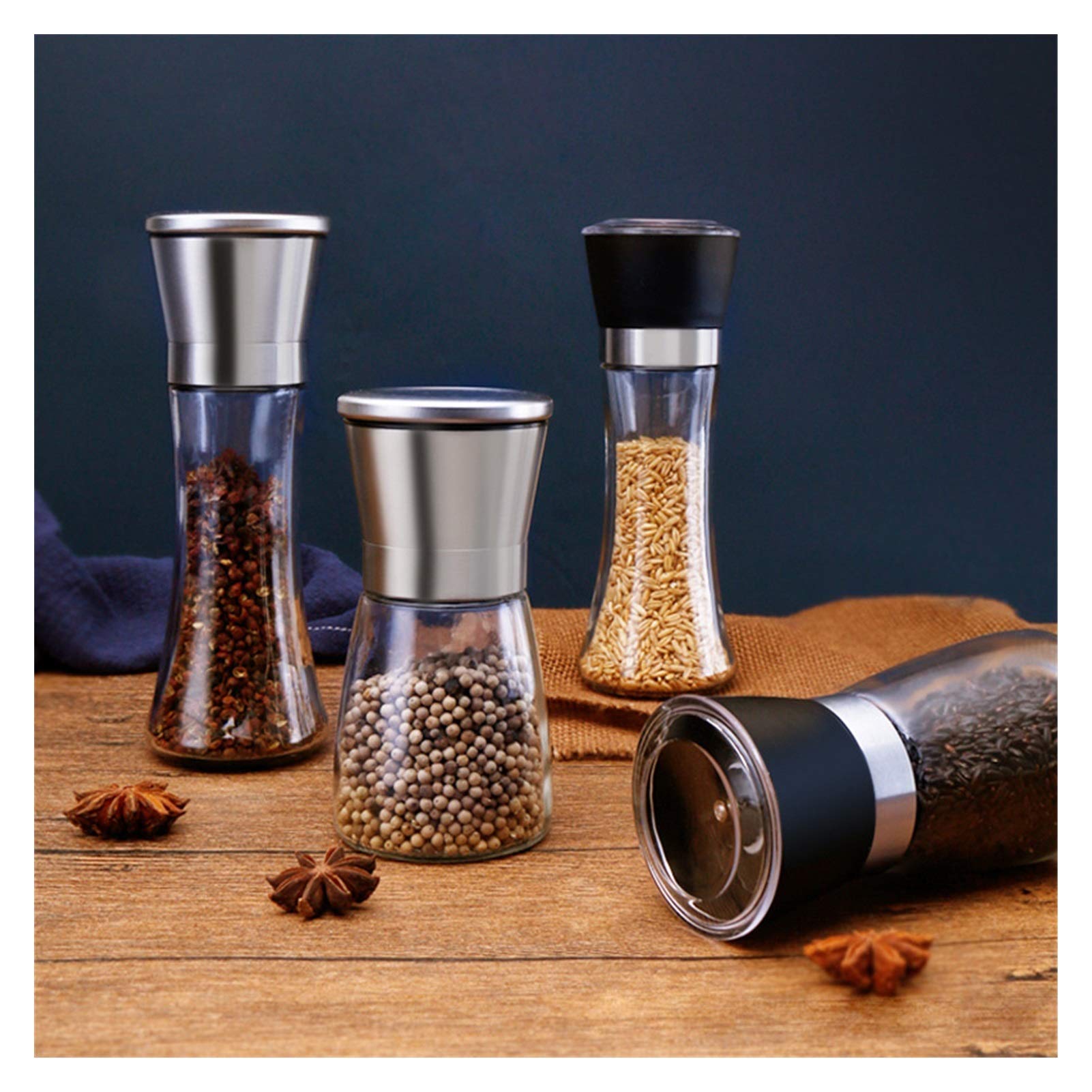 Premium Stainless Steel Salt and Pepper Grinder Set - Manual Adjustable Spice Mill for Kitchen, Herb Grinder with Glass Spice Jar Containers - Perfect for Cooking, Baking, and Seasoning Dishes