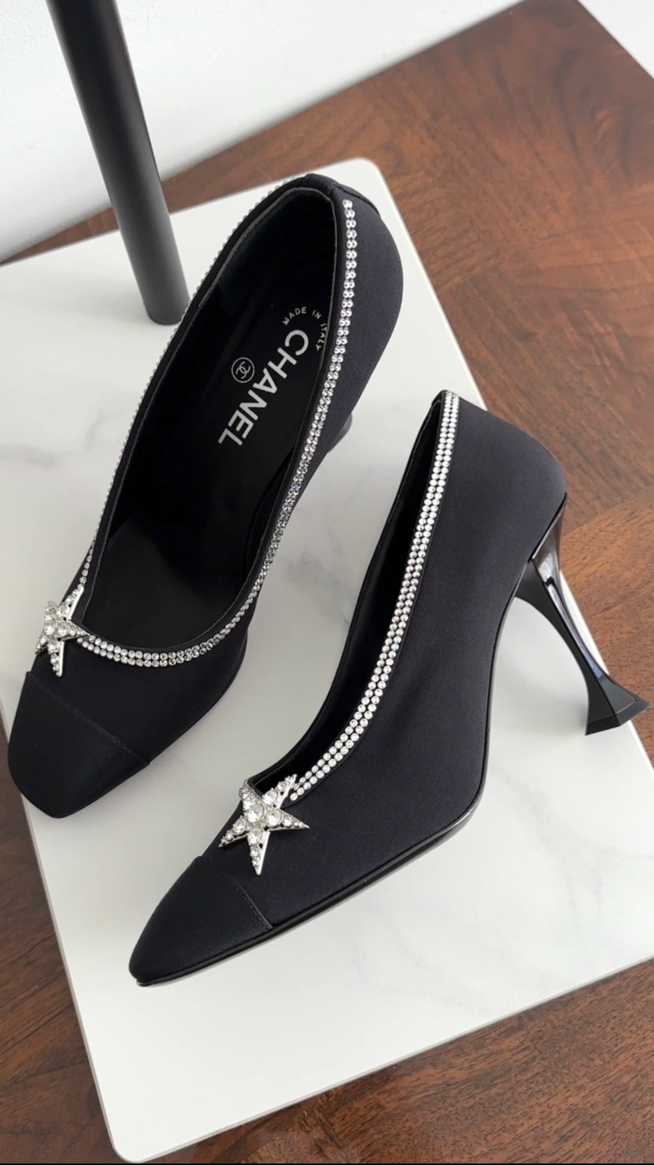 Chanel Black Fabric Pumps with Crystal Star Strass Trim - Women's Luxury High Heels Size 40C for Evening Parties & Special Occasions