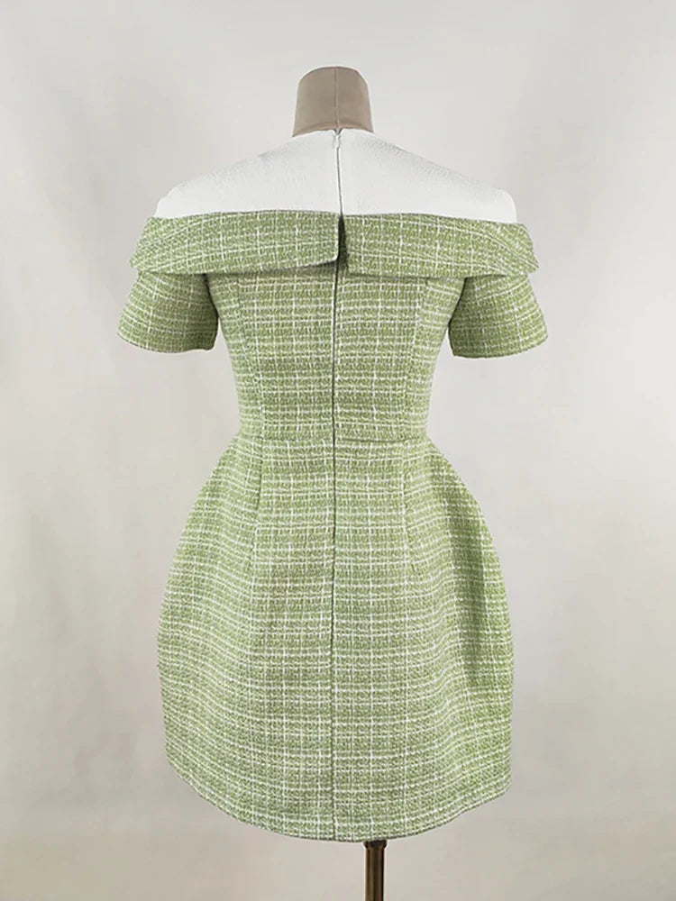 DEAT Women's Patchwork Tweed Dress - Fashion Contrast Color Single Breasted High Waist Elegant Dress for Women | Perfect for Office Wear, Cocktail Parties & Special Occasions