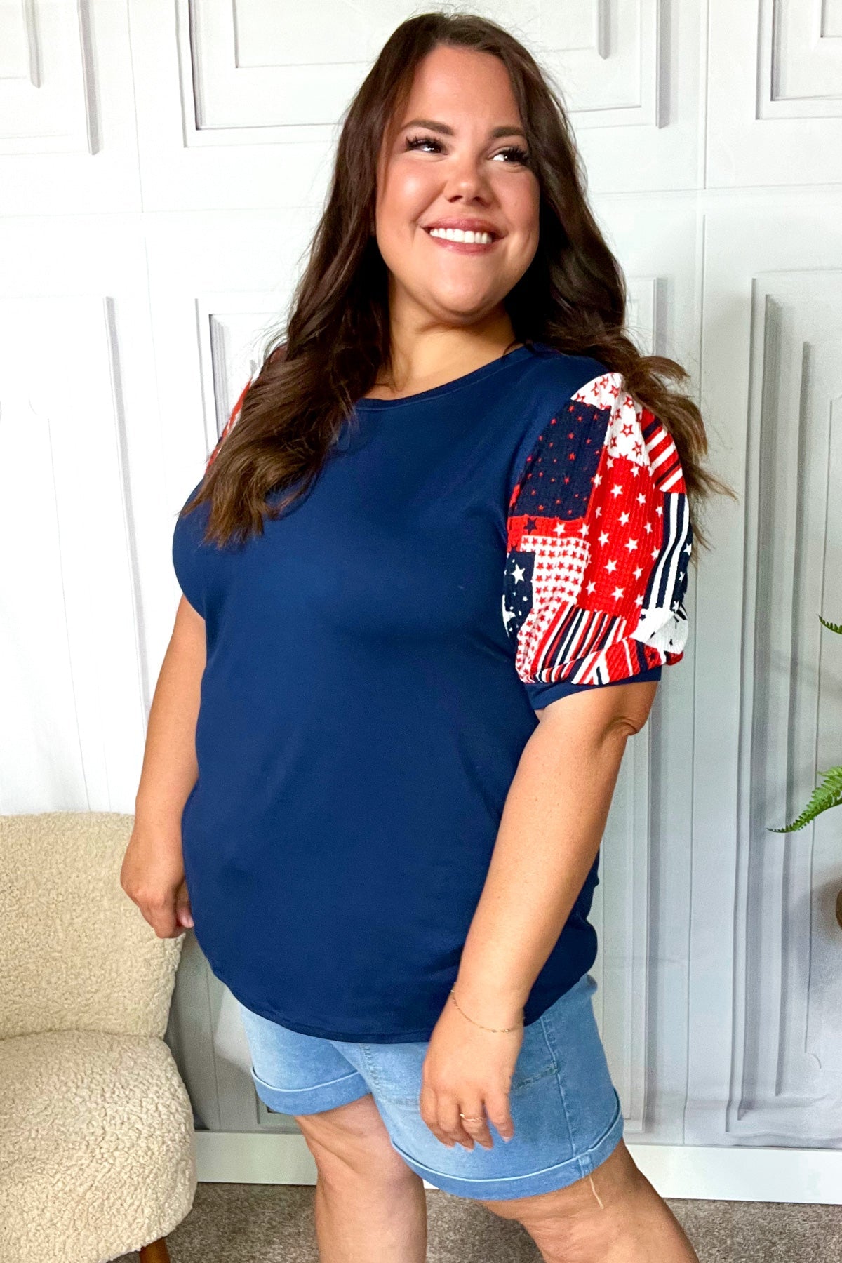 Stylish Navy Patriotic Patchwork Puff Sleeve Top for Women - Perfect for Holiday Parties & 4th of July Celebrations