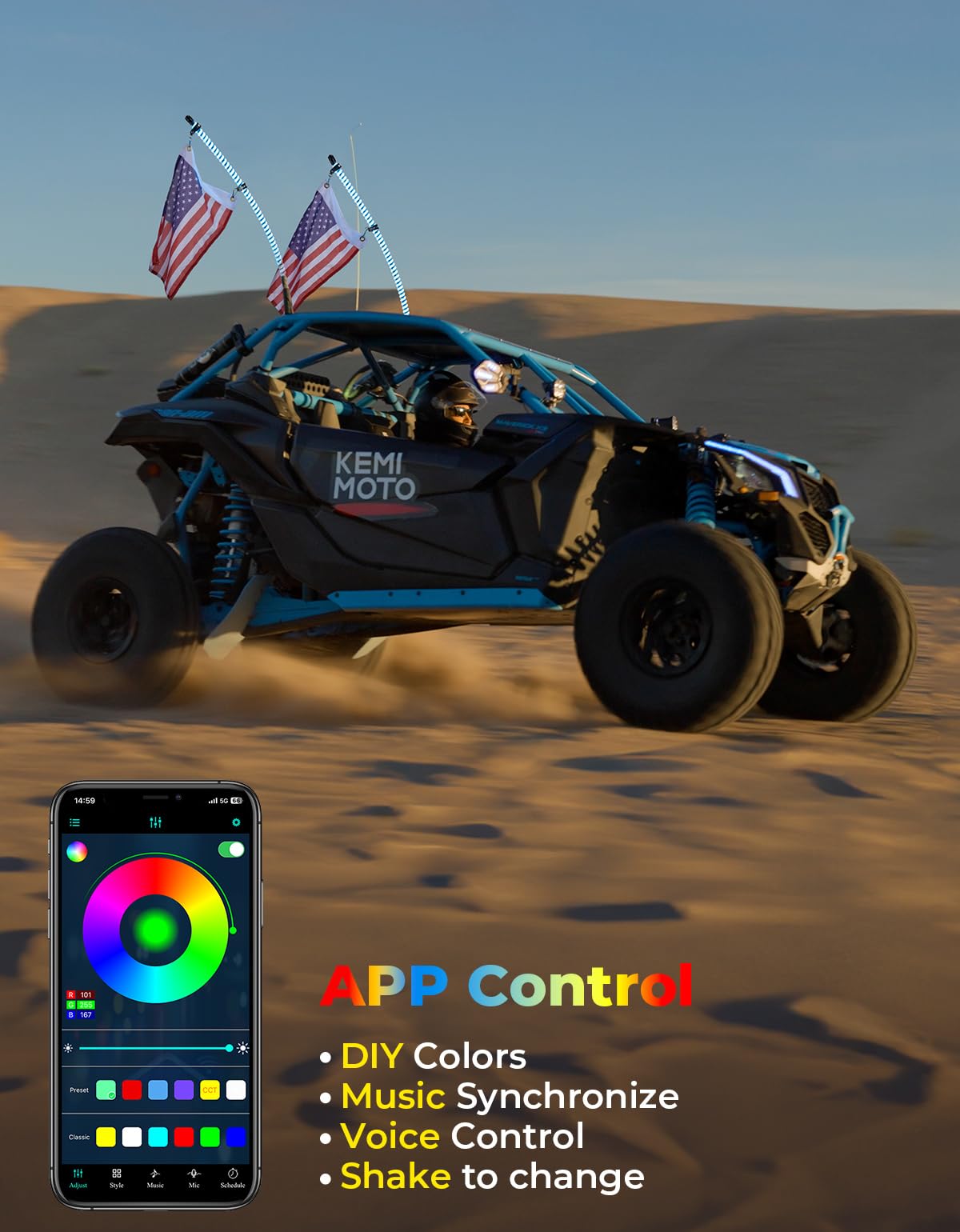 KEMIMOTO 2-Pack 3ft COB Whip Lights with 1440 LEDs - High Density Bluetooth App-Controlled LED Whip Lights for UTV, ATV, Side by Side, Buggy - Compatible with Can-Am Maverick X3 & Polaris RZR - Perfect for Off-Roading, Night Rides & Trail Adventures