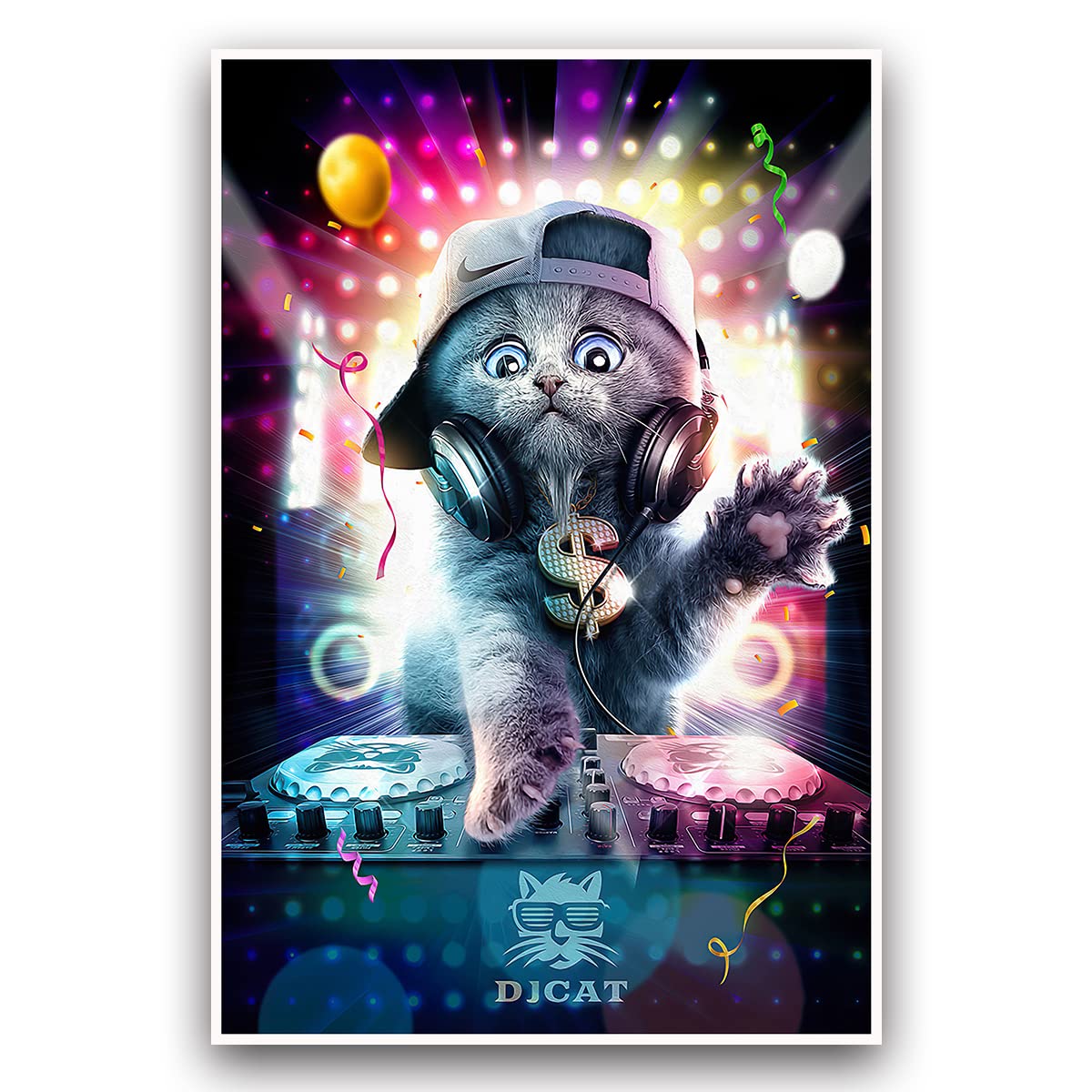 Funny Black Cat Canvas Wall Art - 16x24 Inch Frameless DJ Cat Poster Print, Animal Print Home Decor for Living Room, Bedroom & Office - Unique Gift for Cat Lovers