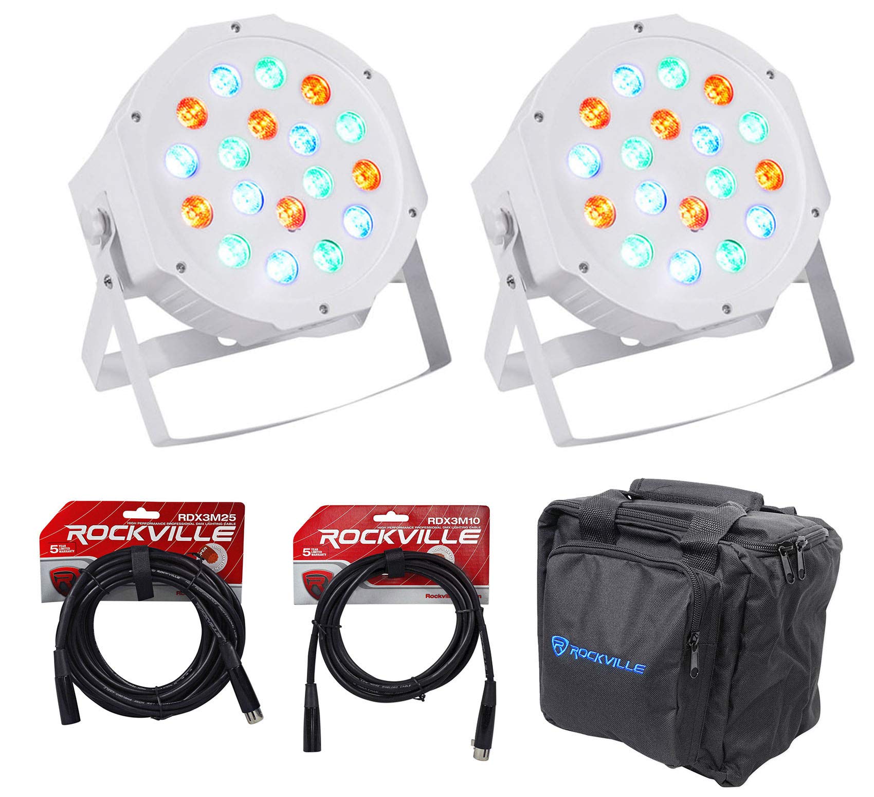 Rockville RockPAR50 WHT LED RGB DMX Par Can Lights with Bags & Cables - Professional DJ, Club, and Stage Lighting for Events & Performances