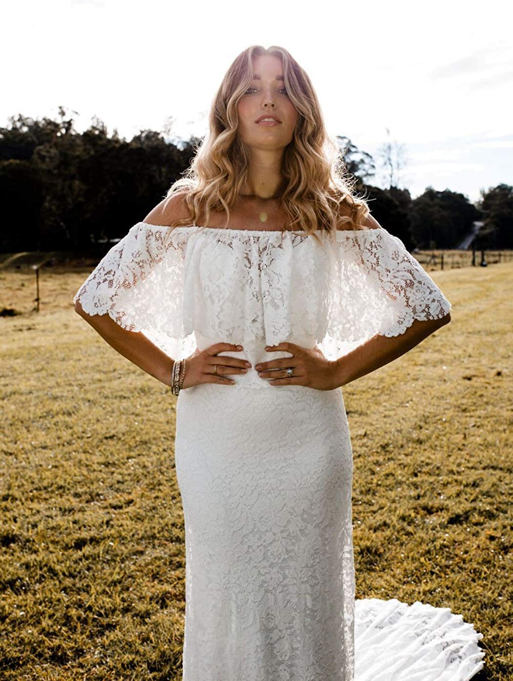 Boho Lace Wedding Dress for Bride - Long Tulle A-Line Backless White Bridal Gown | Perfect for Beach, Garden & Vintage Theme Ceremonies