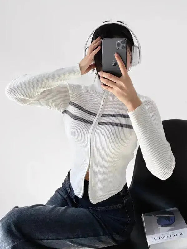 Stylish Striped Zipper Cardigan Sweater for Women - Cozy Fall & Winter Fashion - Perfect for Office, Casual Outings & Layering