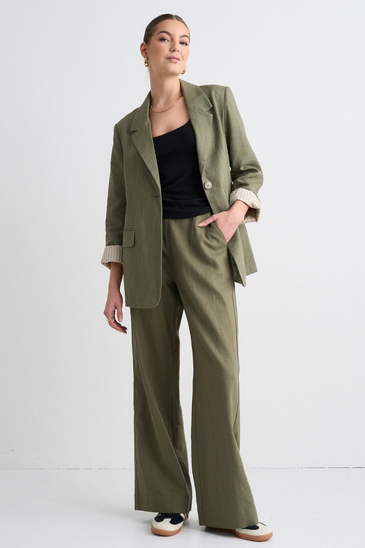 Boardwalk Soft Khaki Ramie High Waist Pants for Women - Comfortable Summer Wide Leg Trousers for Casual Wear & Office Outfits
